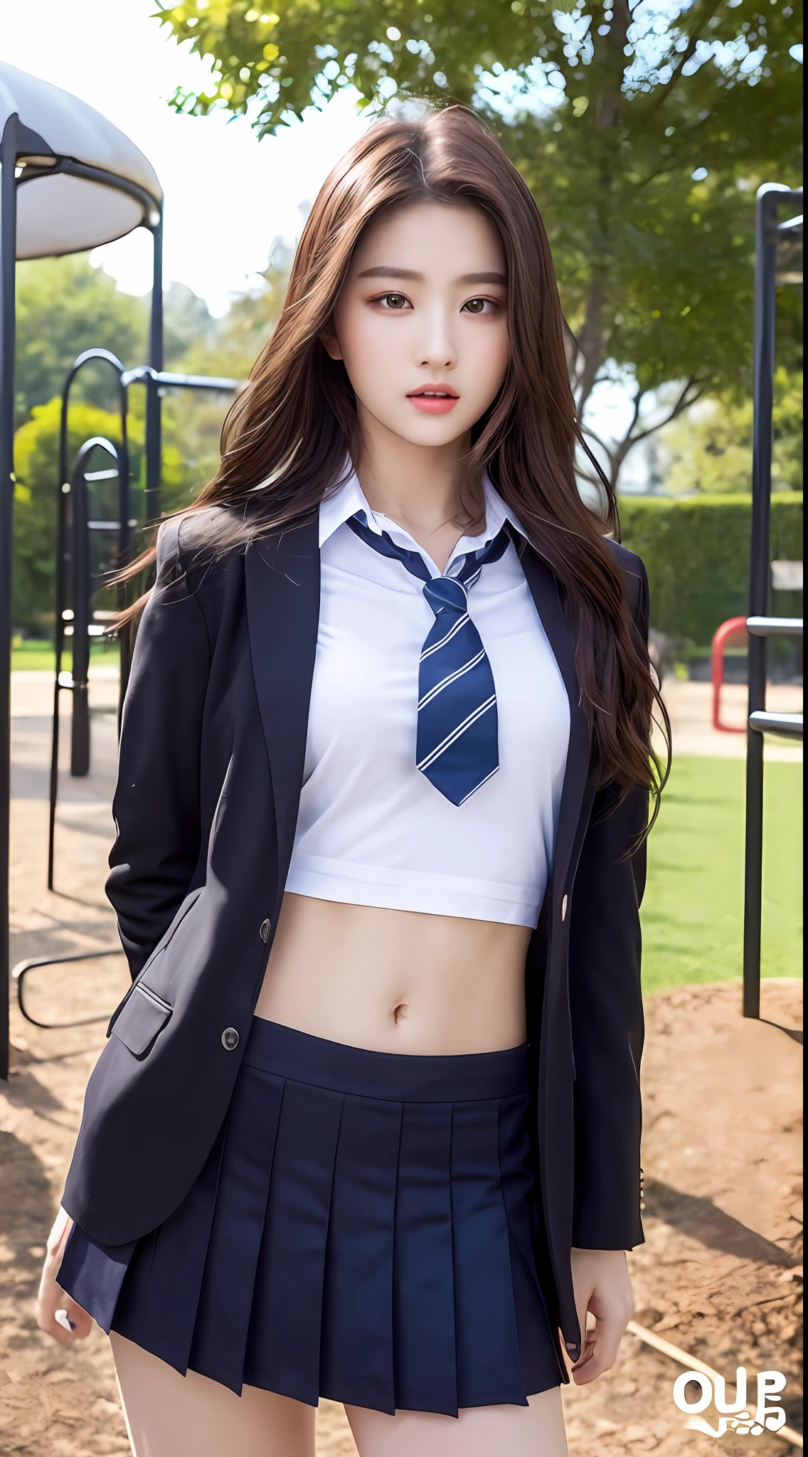 ((Realistic lighting, Bestquality, 8k, MASTERPIECE:1 girl.3 girls)), Sharp Focus:1 girl.2 Maidens, 1 girl one girl, A beauty with a perfect figure:1 girl.4 pcs, Slim abs:1 girl.1 girl, ((Dark Brown Hair)), (school uniforms:1 girl.4 pcs）,（out door，Daytime：1 girl.1 girl），playground，ultrahigh-fine face，Fine eyes，Double eyelidd，