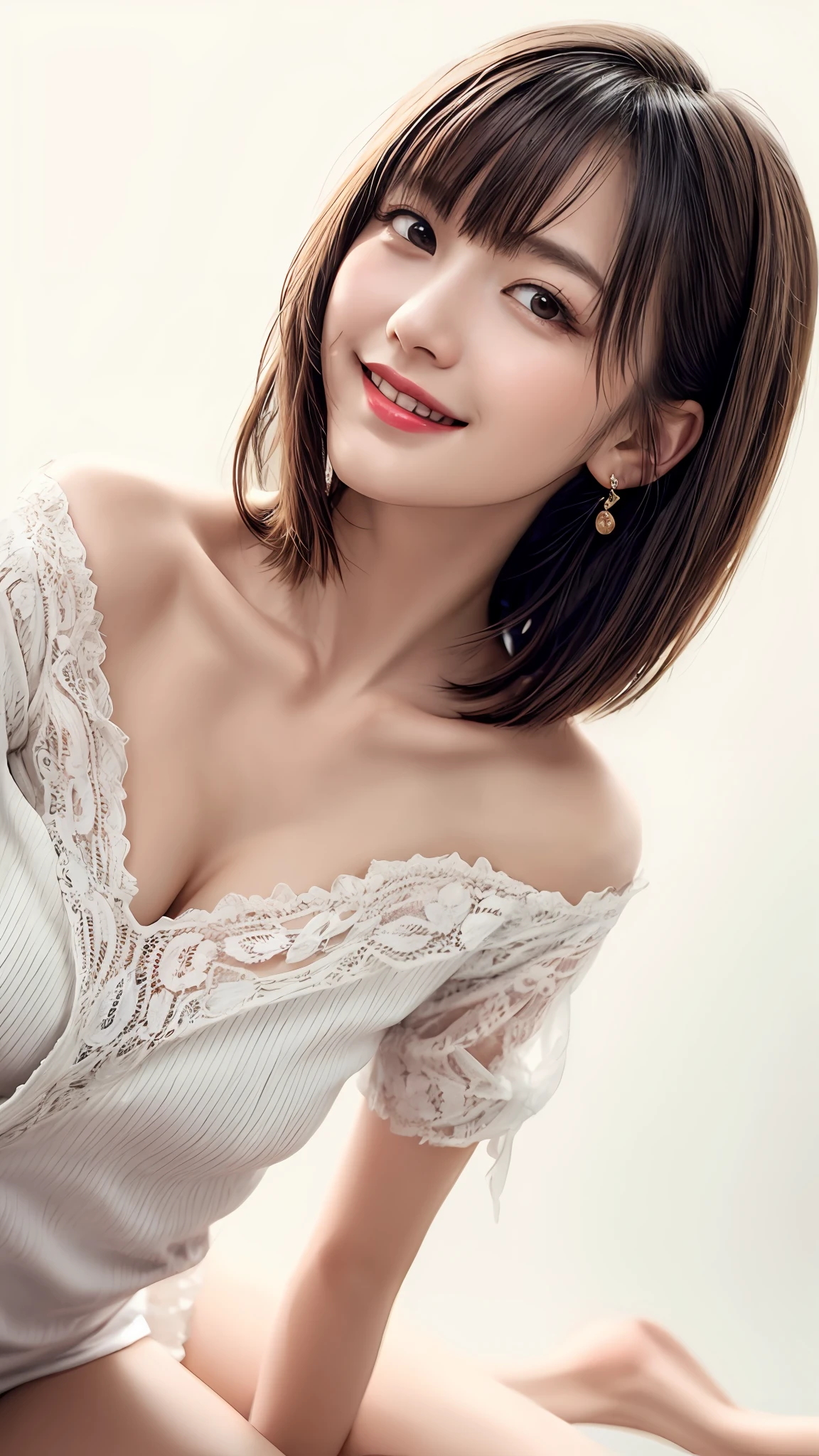 Pee (incontinence: 1.47), fashion trendy beautiful and attractive woman, gentle and attractive Chinese beautiful woman, Korean (kpop idol), delicate and sexy collarbone, attractive oval face, double eyelids, smart [peach] flower eyes, pink lips, small nose, bare shoulders, focus on face, [[face close-up], ultra high definition, super detail, White off-shoulder lace shirt, (((white lace panties), fresh and impressive, natural (large: 1.25), (kneel on the ground), (legs wide open), (legs spread), (from a low angle), (upright 1.5), (shiny skin: 1.4), (low angle)), perfect figure, areola, cleavage, armpit wrinkles, (floor urine)), (NSFW: 1.05), ( Showpiece, top quality, high precision)), one girl, (big, photorealistic: 1.4), (slightly above the camera, looking up at the camera, looking up, looking up at the camera, staring at the camera))), solo, solo, white background, snow-white background, mouth closed, happy smile, pretty black hair, short hair, big eyes, pronounced double eyelids, eyelashes, ears out, long neck, long neck, Absolute area, ((close-up of face, short hair with bangs)), 19 years old, attractive proportions, shiny skin, clean collarbone, golden ratio face, perfect face, teardrop mole, chest mole, bangs, clean bangs, beautiful bangs, lip gloss, thin lips, white skin, undressed, big breasts, small face, staring at the camera a little upwards, ((smiling a little at the camera, really nothing pure white background, very big, big big, big breasts)), ((((uniform, shirt))))