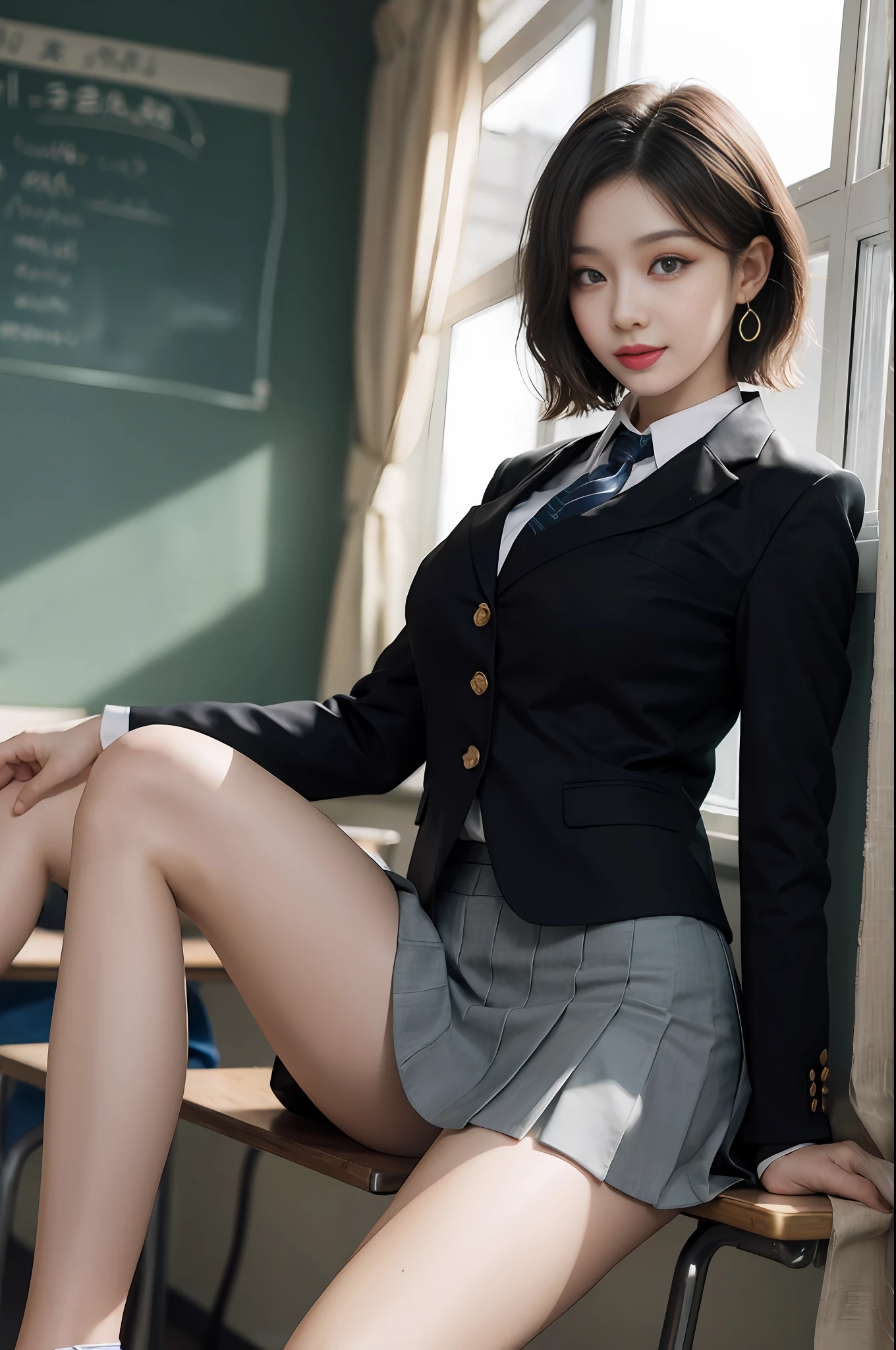 8K RAW photo, high resolution, 21 year old cool Korean, big round breasts, school uniform, tie, tie ribbon, blazer, skirt, beautiful eyes in detail, long eyelashes, beautiful double eyelids, eye shadow, slit eyes, sanpaku eyes, dark eye makeup, evil smile, beautiful thin legs, short hair gathered at the back, earrings, school classroom