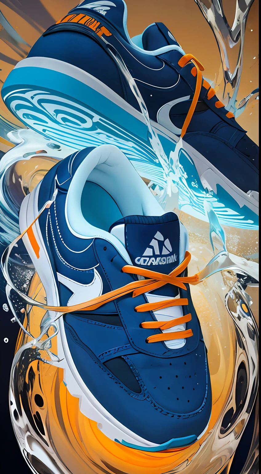 (masterpiece, best quality), 1sneakers, modern, blue and orange, splashing, abstract, psychedelic --auto