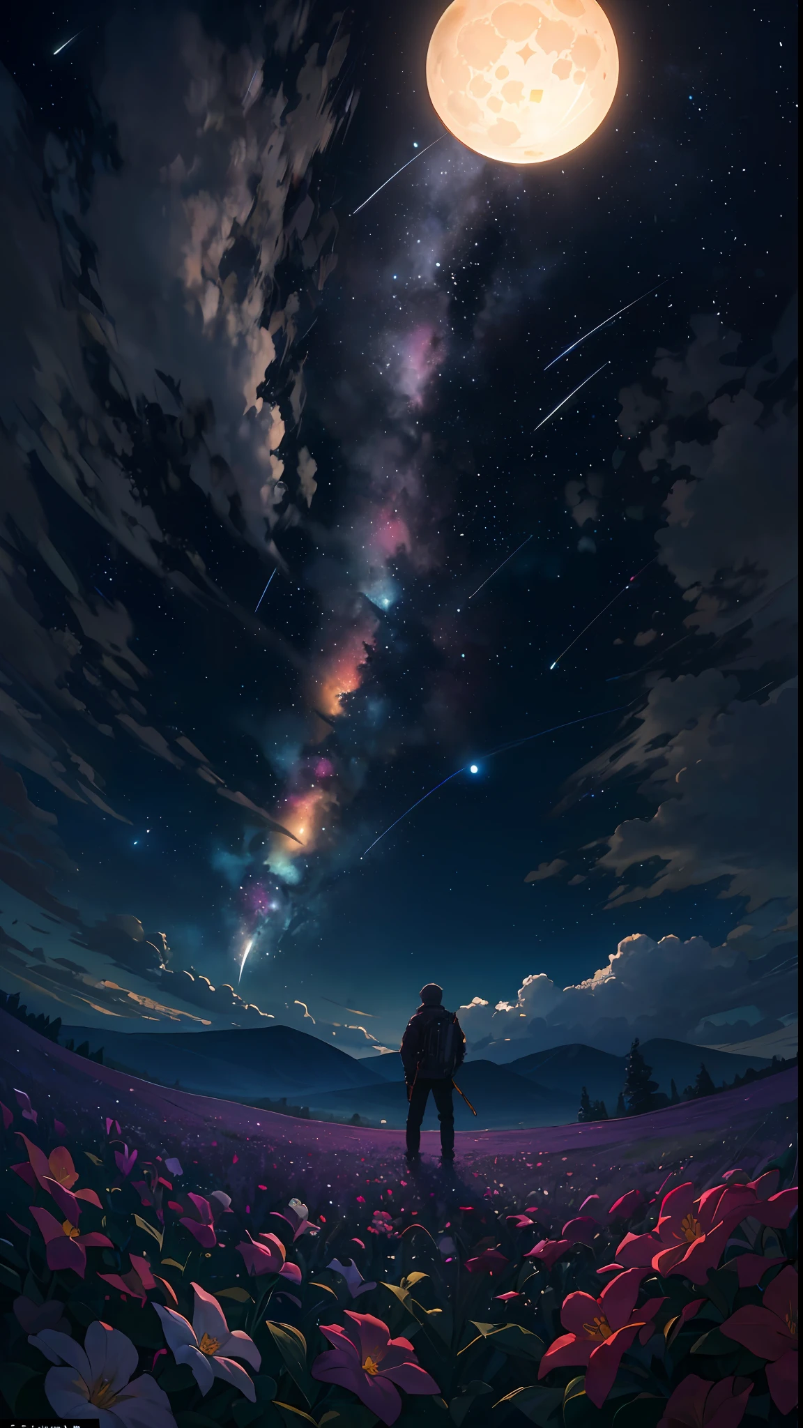 Vast landscape photo, (viewed from below, the sky is above and the open field is below), a boy standing on a flower field looking up, (full moon: 1.2), (meteor: 0.9), (nebula: 1.3), distant mountains , Trees BREAK Crafting Art, (Warm Light: 1.2), (Fireflies: 1.2), Lights, Lots of Purple and Orange, Intricate Details, Volumetric Lighting, Realism BREAK (Masterpiece: 1.2), (Best Quality), 4k, Ultra-Detailed, (Dynamic Composition: 1.4), Very Detailed, Colorful Details, (Rainbow Colors: 1.2), (Glow Lighting, Atmospheric Lighting), Dreamy, Magical, (Solo: 1.2)