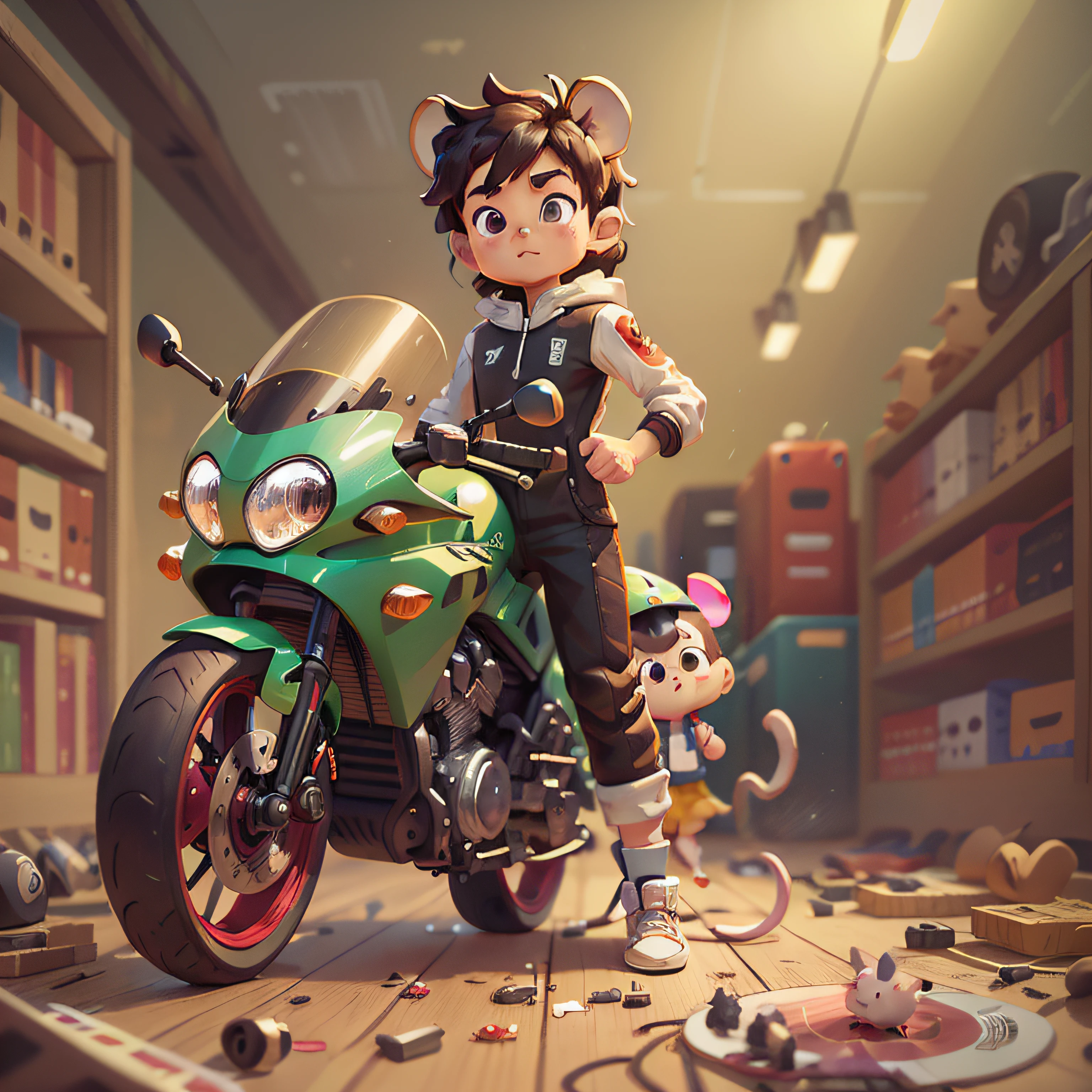 cute, chibi, mice, PFP, bigbadejo, portrait, masterpiece, 3D Rendering, Best Quality, Lots of Detail, (plain background), (vinyl toy figurine), (perfect hands), (high detailed hands), (full body), male,(speedracer), (mach 5 in background)
