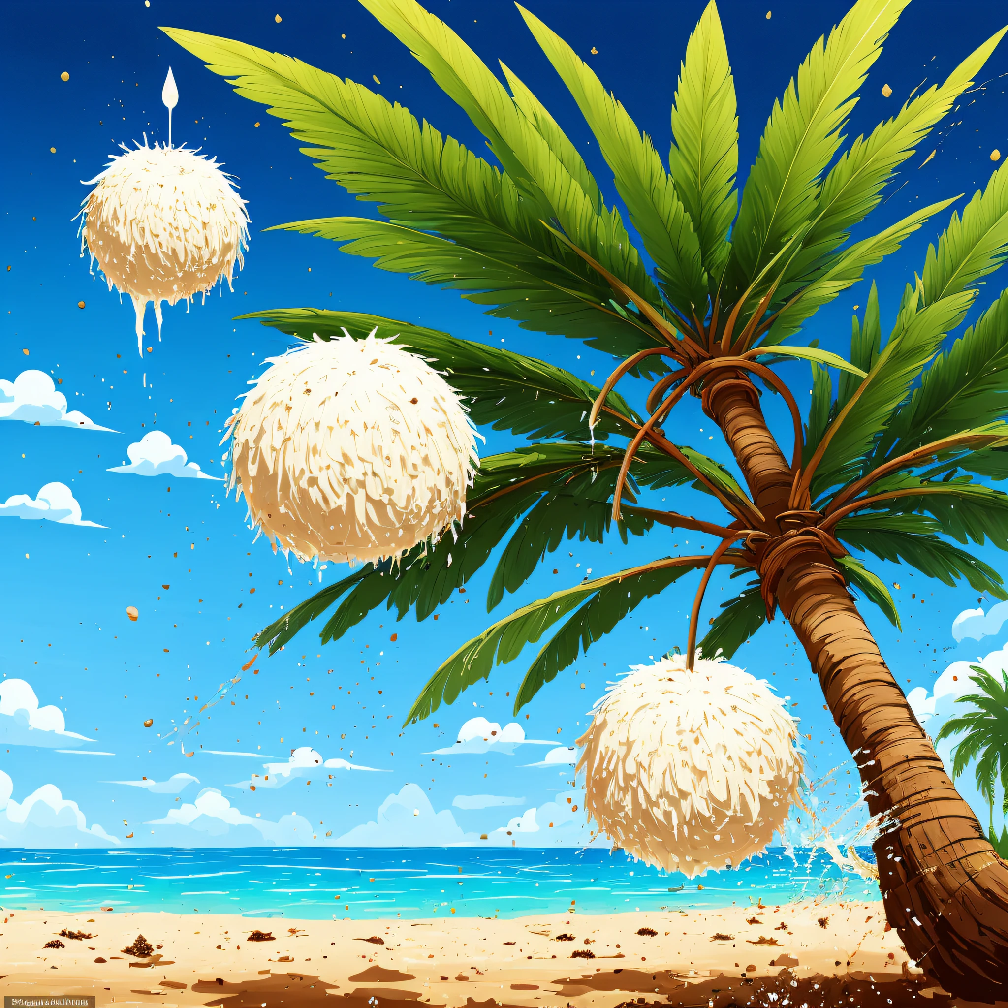 Fluffy cute ball that is a palm tree, brown fluff, green palm tree leaves, deep purple eyes, on a beach with coconuts all around, water splashing and splattering all around, masterpiece, best quality, ((In Splatter Art style))