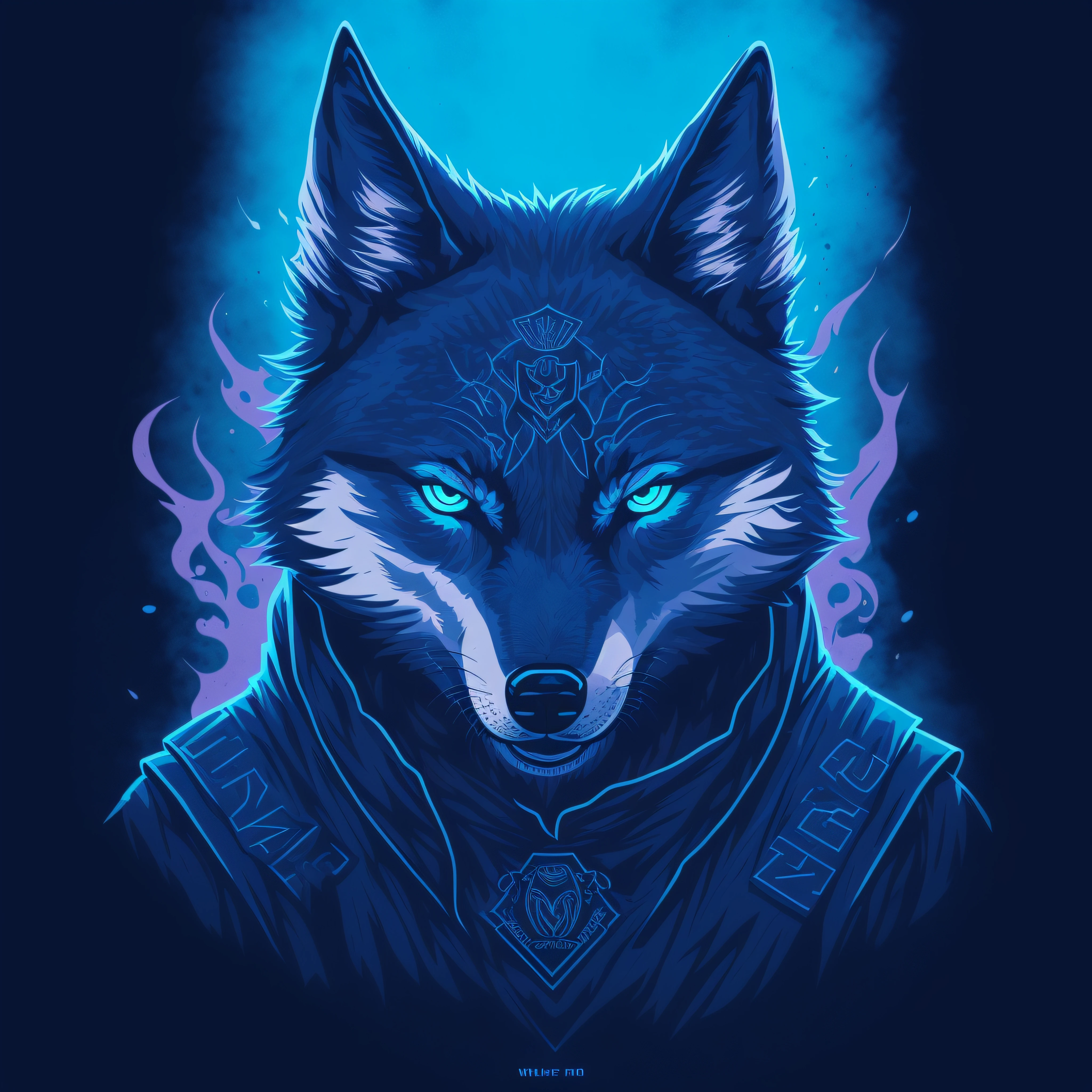 Logotipo com texto Wolves, Wolf ninja Art Logo, fundo branco, azul neon, minimal and pure — Wolf --auto --s2