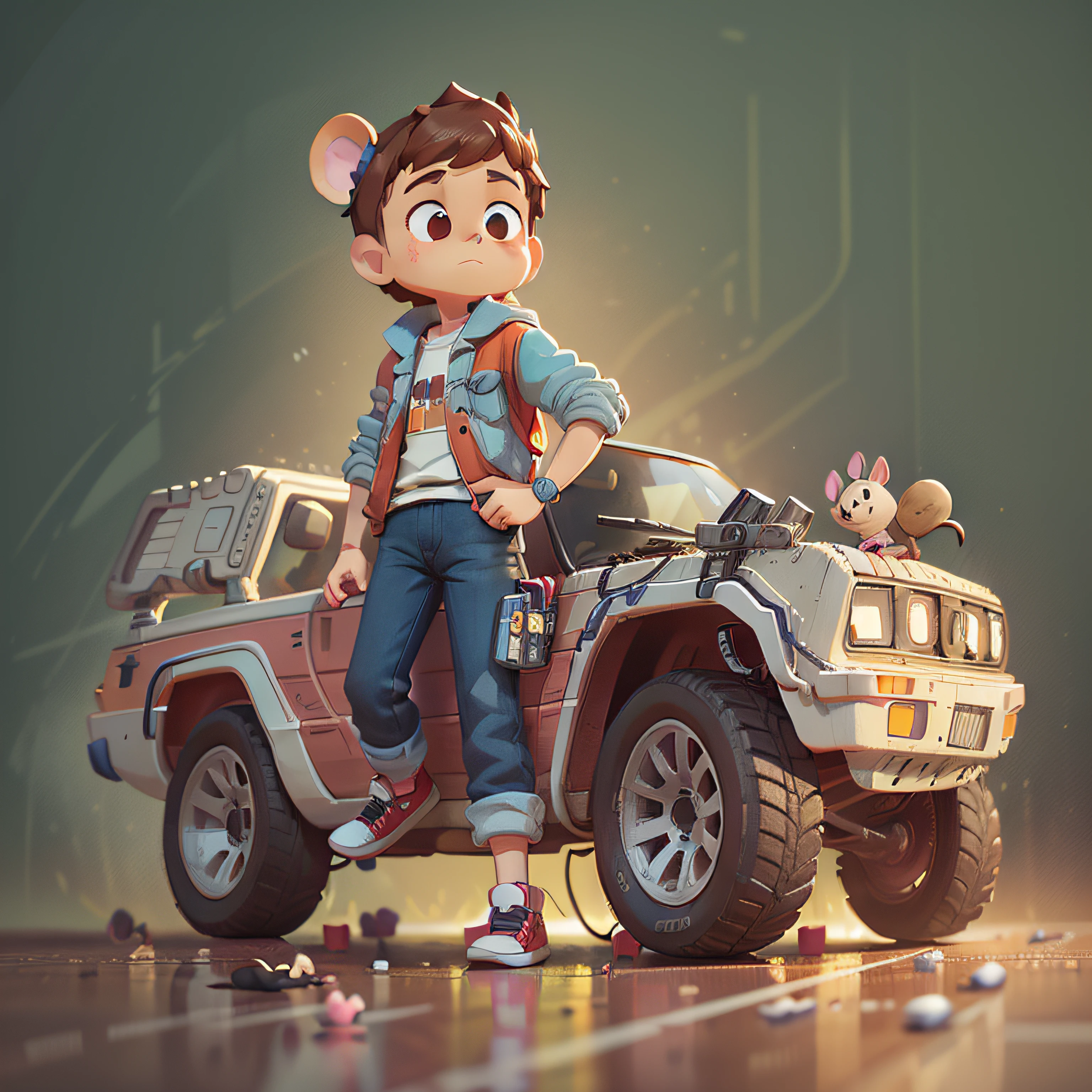cute, chibi, mice, PFP, bigbadejo, portrait, masterpiece, 3D Rendering, Best Quality, Lots of Detail, (plain background), (vinyl toy figurine), (perfect hands), (high detailed hands), (full body), male,(marty mcfly), (back to the future movie),action pose