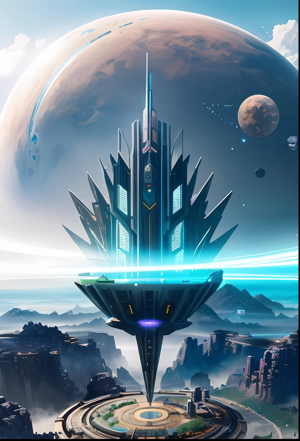 a futuristic city with a giant tower in the middle of a mountain, 4k solarpunk wallpaper, arstation and beeple highly, no man sky concept art, concept art wallpaper 4k, sci fi epic digital art, sci-fi fantasy wallpaper, futuristic palace, epic beautiful space scifi, key art, concept art futuristic norse, space ship above an island