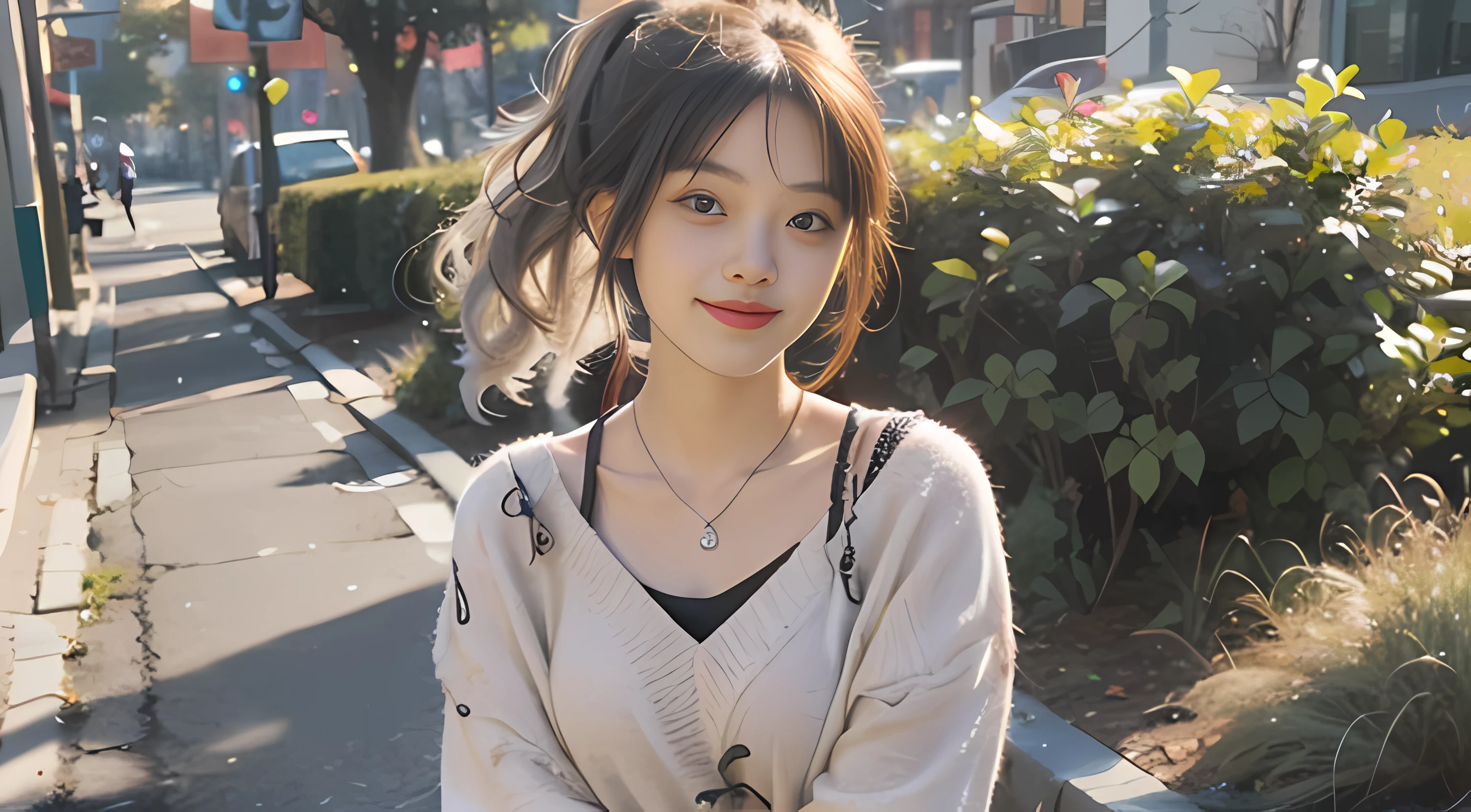 mix4,(8k, RAW photo, best quality, masterpiece:1.2), (realistic, photo-realistic:1.37),((1girl)), aged down, cute, outdoors, day, sunlight, professional lighting, photon mapping, radiosity, physical rendering ,Chinese,((Full body photo: 2, Silver hair: 2, High ponytail: 1.2, Perfect face, Perfect eyes,)), Goddess, smile, arms behind back,