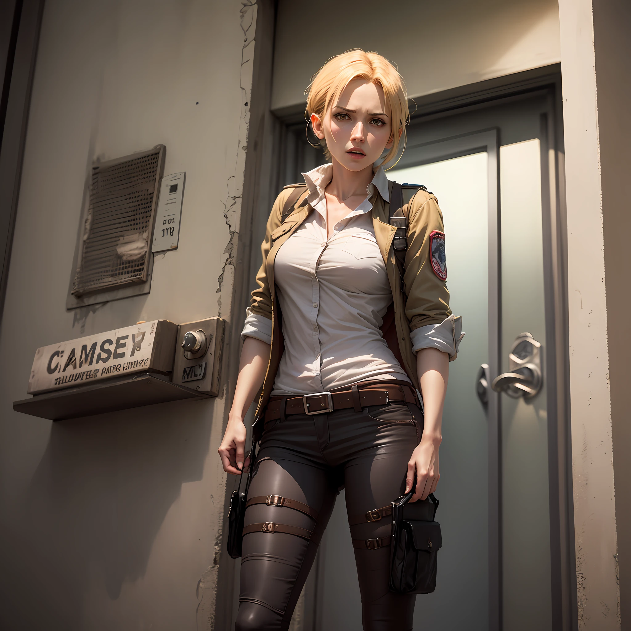 Annie Leonhart,Attack on titan, prision, cela, uniforme de prisioneiro, uniformes laranja, presa dentro da cela, sentada, olhando para camara, seria, calafrios