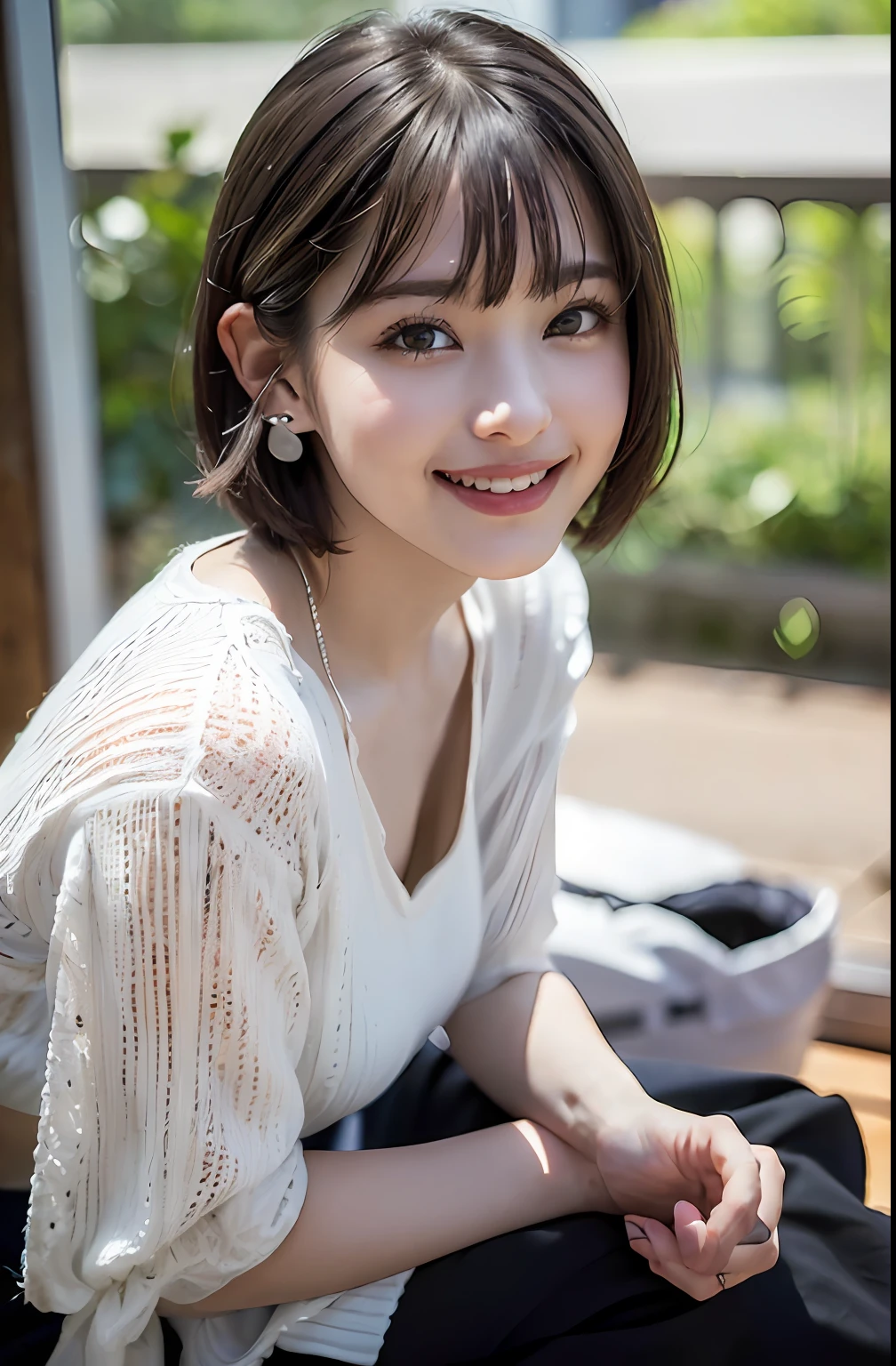 A masterpie、highest quallity、ultra-highres、(photo realistic image:1.4)、((1girls、White fair skin:1.4、Kneeling、from above view、Look up at your audience、26yo、spotless、a Pretty、black haired、bobhair_cut、short hair with bangs、Wearing clothes、(smile on face、Happiness、joy、frisky、closes mouth)、High detailed eyes、long neck、(((short hair with bangs)))、Lashes、Big eyes、((Very beautiful、Very beautiful))、(((natural day light、Put your ears out、Staring at viewer、Entice your audience、Highlights in the eyes)))