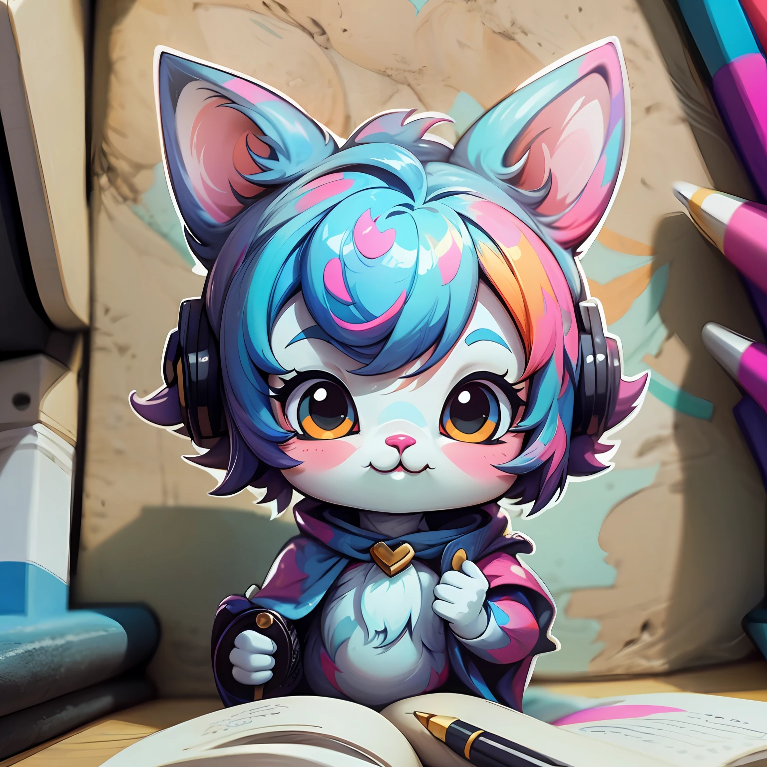 uma raposa sentada em um quarto com fones de ouvido, caixas de som ao lado, livros espalhados, adorable digital painting, arte digital detalhada bonito, Papel de parede aconchegante, raposa estilo anime tipo Chibi, bela arte digital, arte de fantasia peluda, fanart detalhado, 4k, arte detalhada bonito