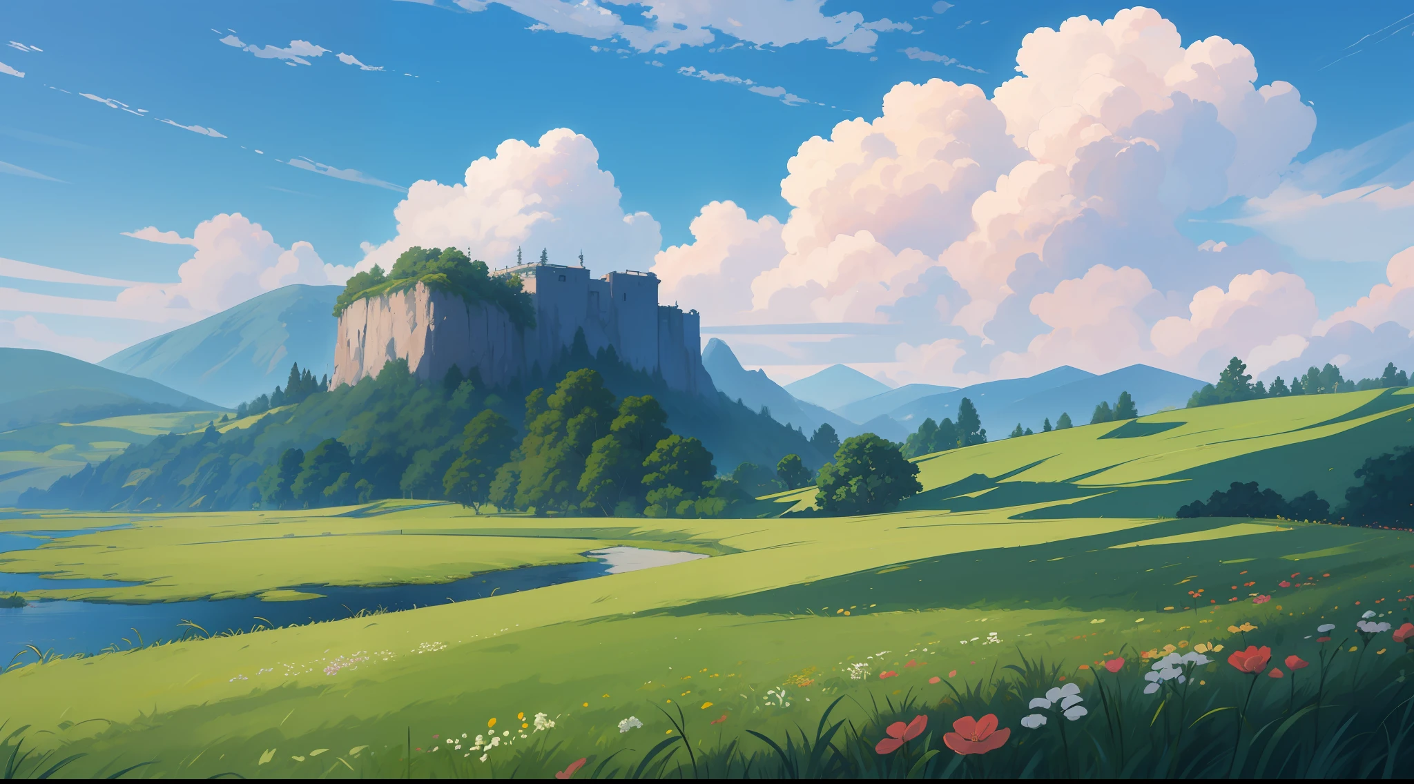 Realistic, authentic, beautiful and amazing landscape oil painting Studio Ghibli Hayao Miyazaki's petal grassland with blue sky and white clouds --v6