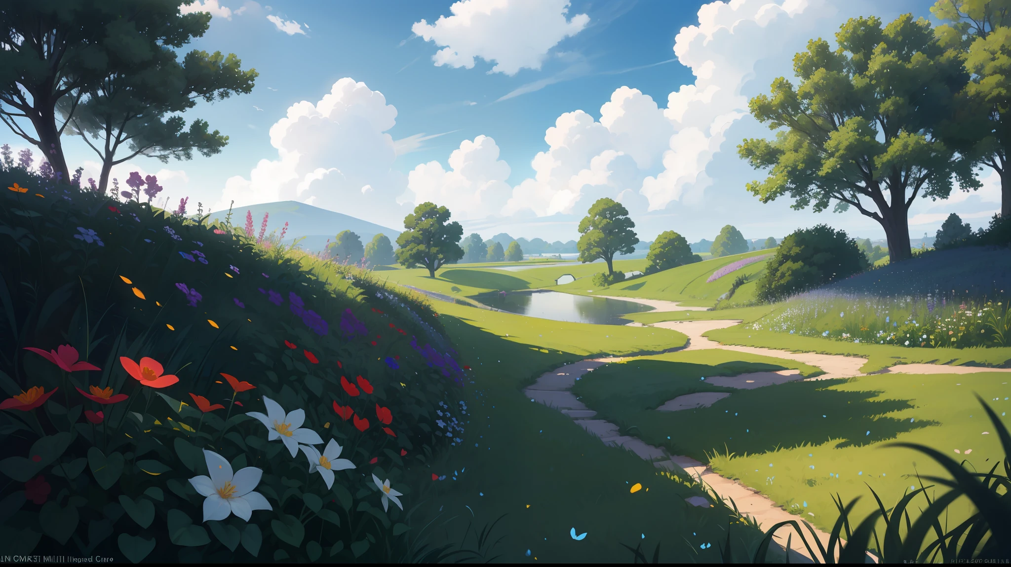 Realistic, authentic, beautiful and amazing landscape oil painting Studio Ghibli Hayao Miyazaki's petal grassland with blue sky and white clouds --v6