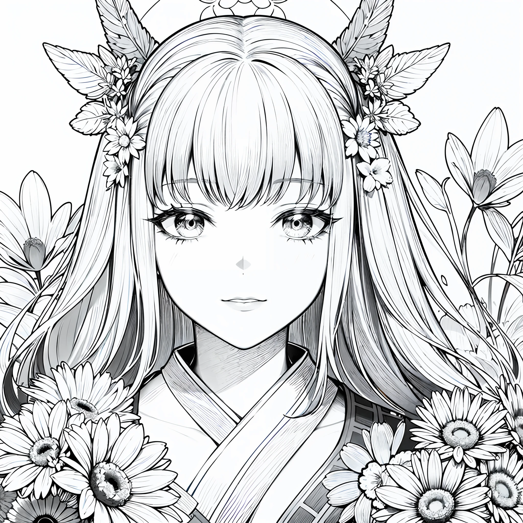 "Obra maestra, Mejor calidad, Head Close-up, fantasy, Hanfu, Mujer, Artistic style of drawing in pencil of flowers, Monochrome background."