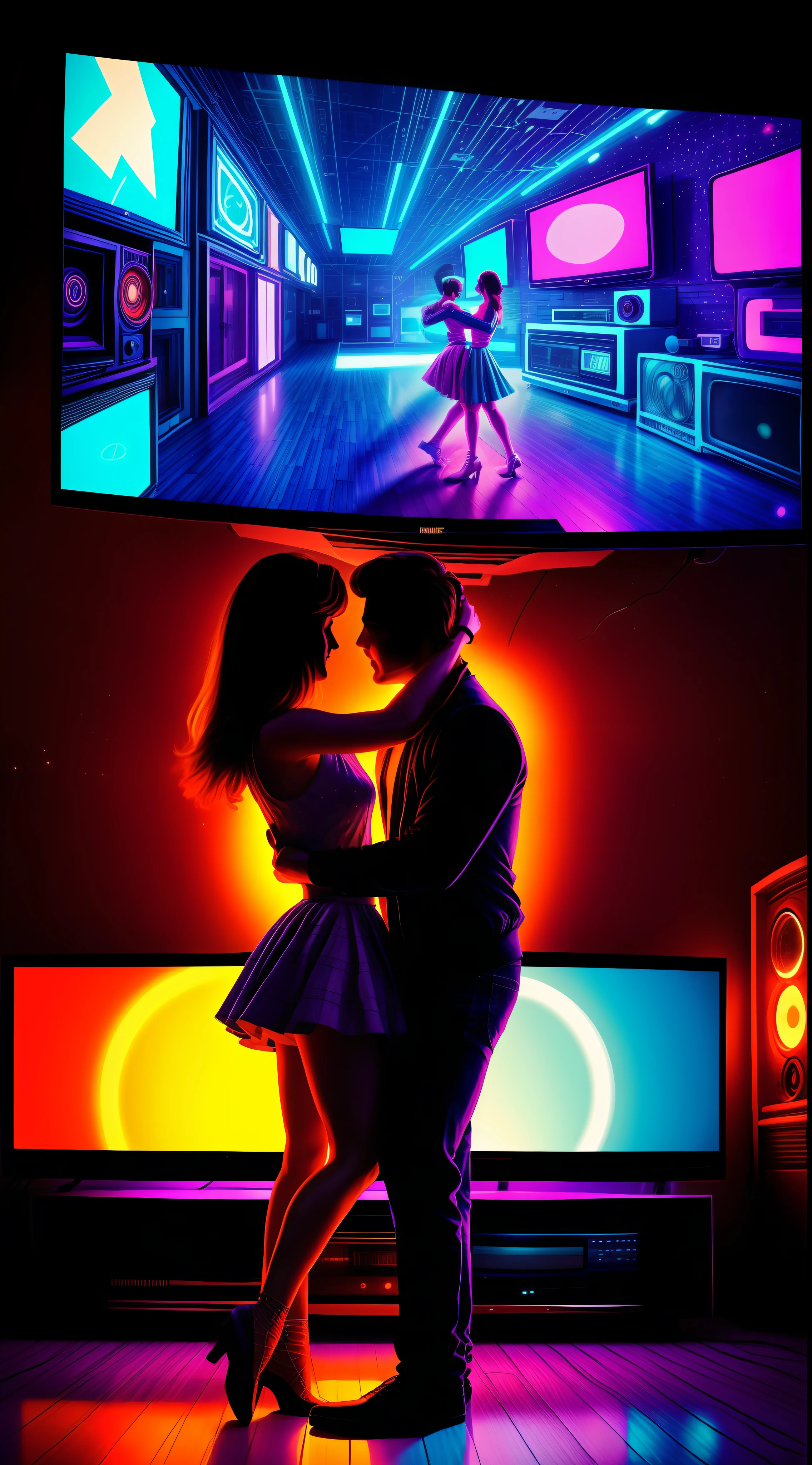 "A couple dancing on a retro dance floor, surrounded by neon lights and TV screens with pixelated images from the 80s." Utilizar cores saturadas, flickering light effects and apply a pixelated effect on TV screens to create a vintage aesthetic.