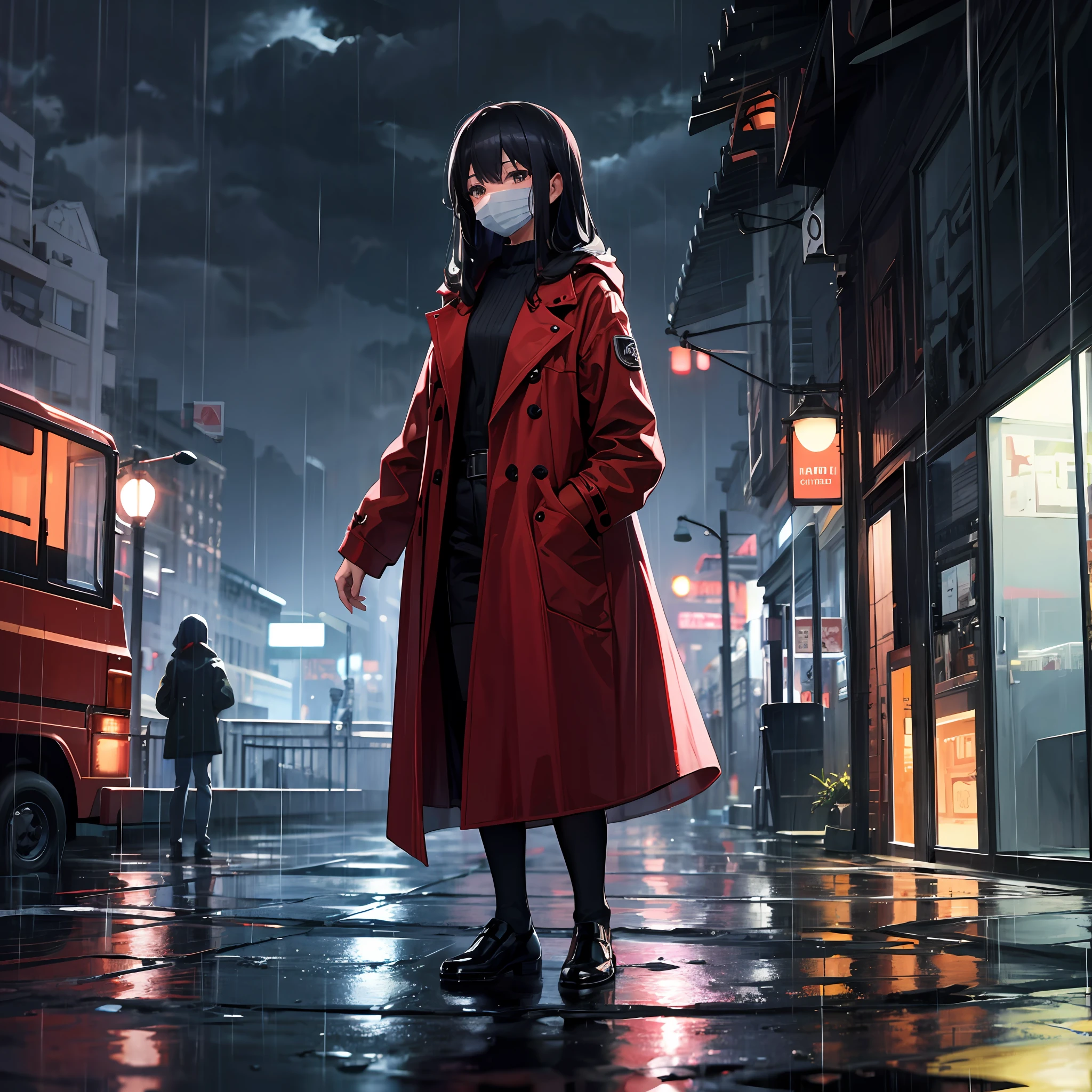 Red coat、Long-haired black hair、White mask、Rain at night、Standing alone、White mask、