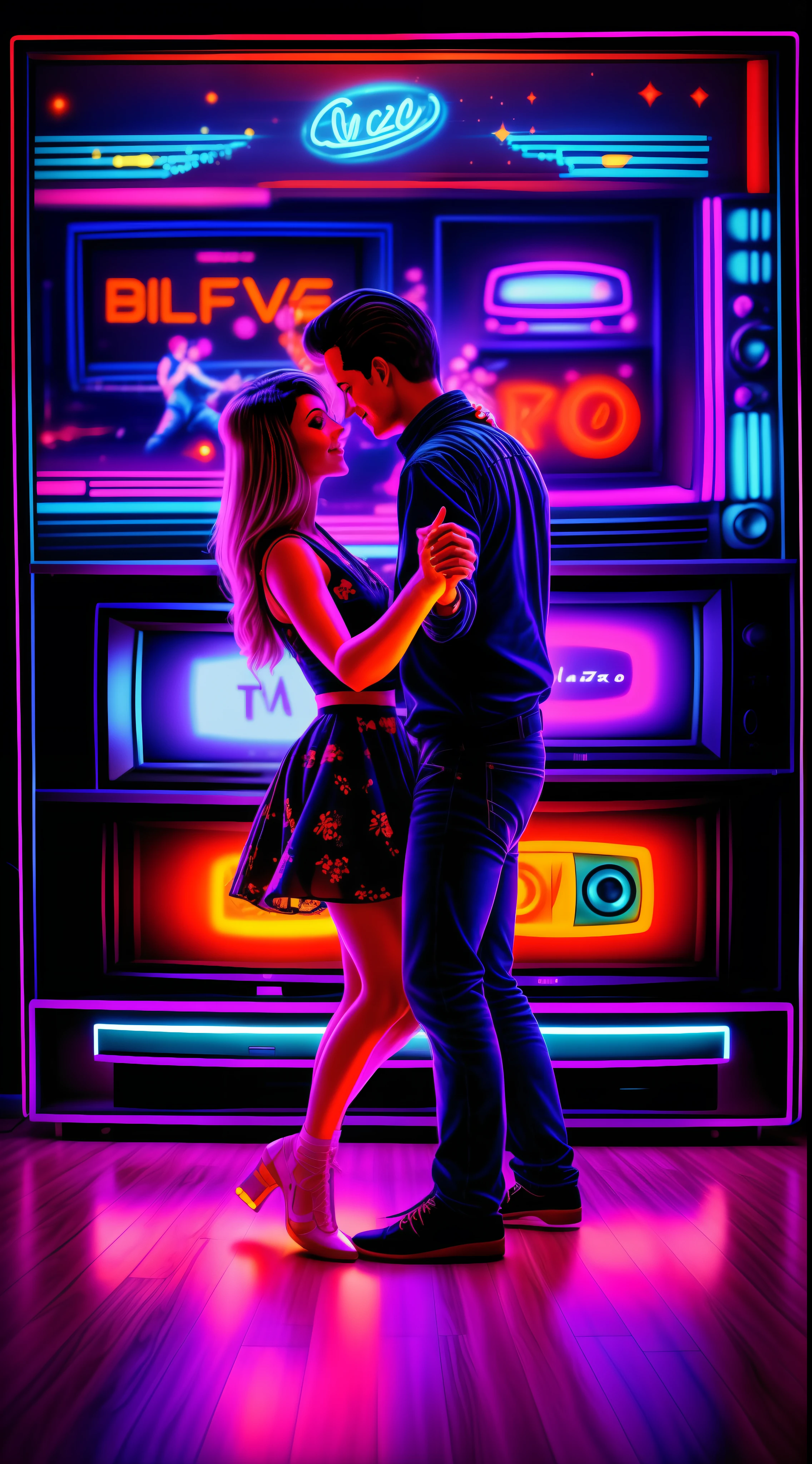 "A couple dancing on a retro dance floor, surrounded by neon lights and TV screens with pixelated images from the 80s." Utilizar cores saturadas, flickering light effects and apply a pixelated effect on TV screens to create a vintage aesthetic.