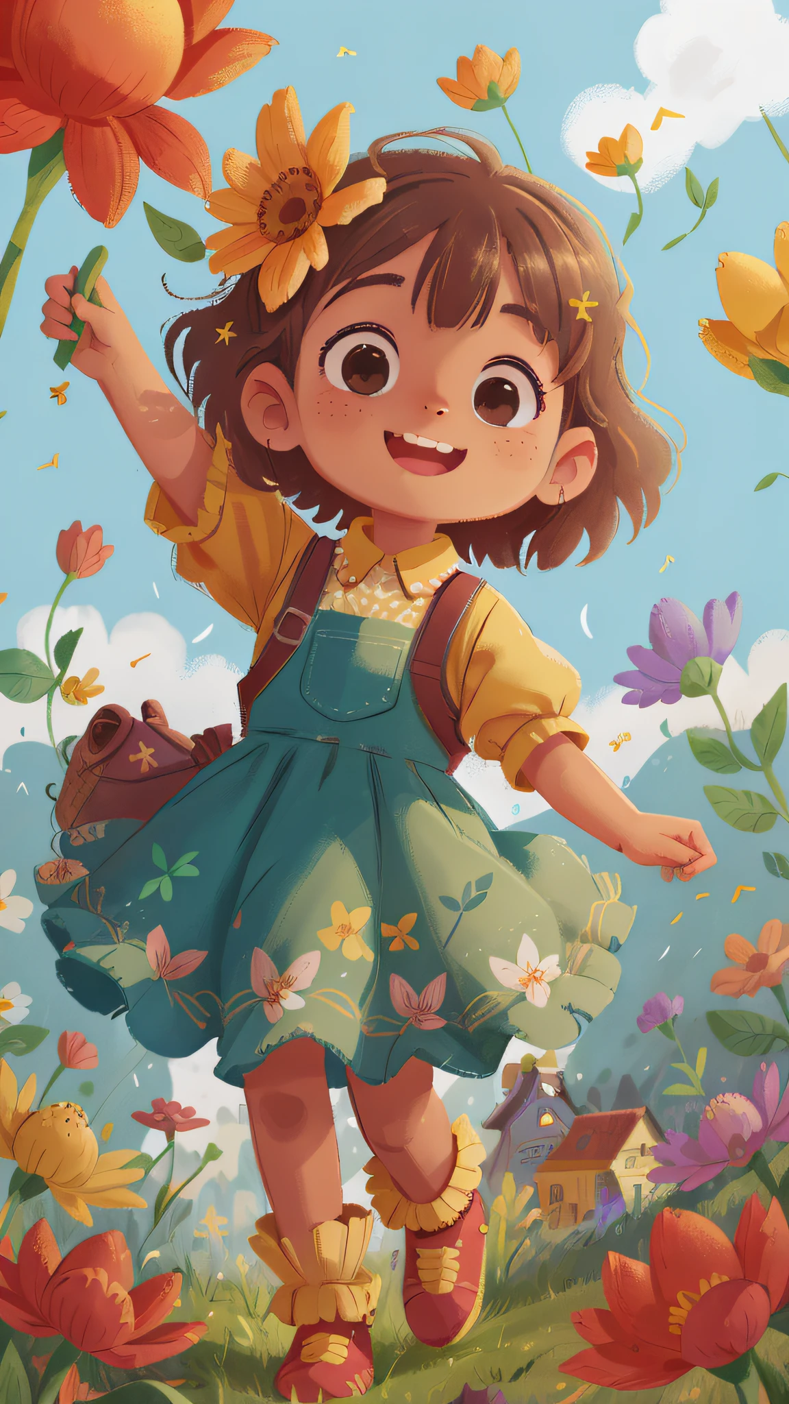 A dark-skinned girl holding a flower in her hand, floating in the sky, grass, dancing, holding an airplane, happy, happy, perfect quality, clear focus (mess - house: 0.8), (masterpiece: 1.2) (Realistic: 1.2) (Bokeh) (Best quality) (Detailed Skin: 1.3) (Intricate Details) (8K) (Detail Eyes) (Sharp Focus), (Happy)
