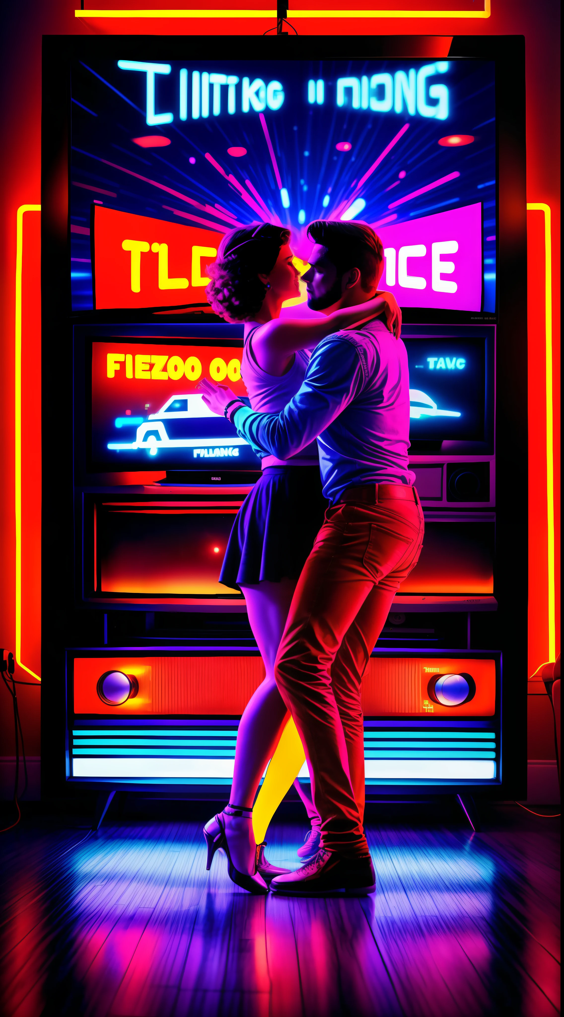 "A couple dancing on a retro dance floor, surrounded by neon lights and TV screens with pixelated images from the 80s." Utilizar cores saturadas, flickering light effects and apply a pixelated effect on TV screens to create a vintage aesthetic.