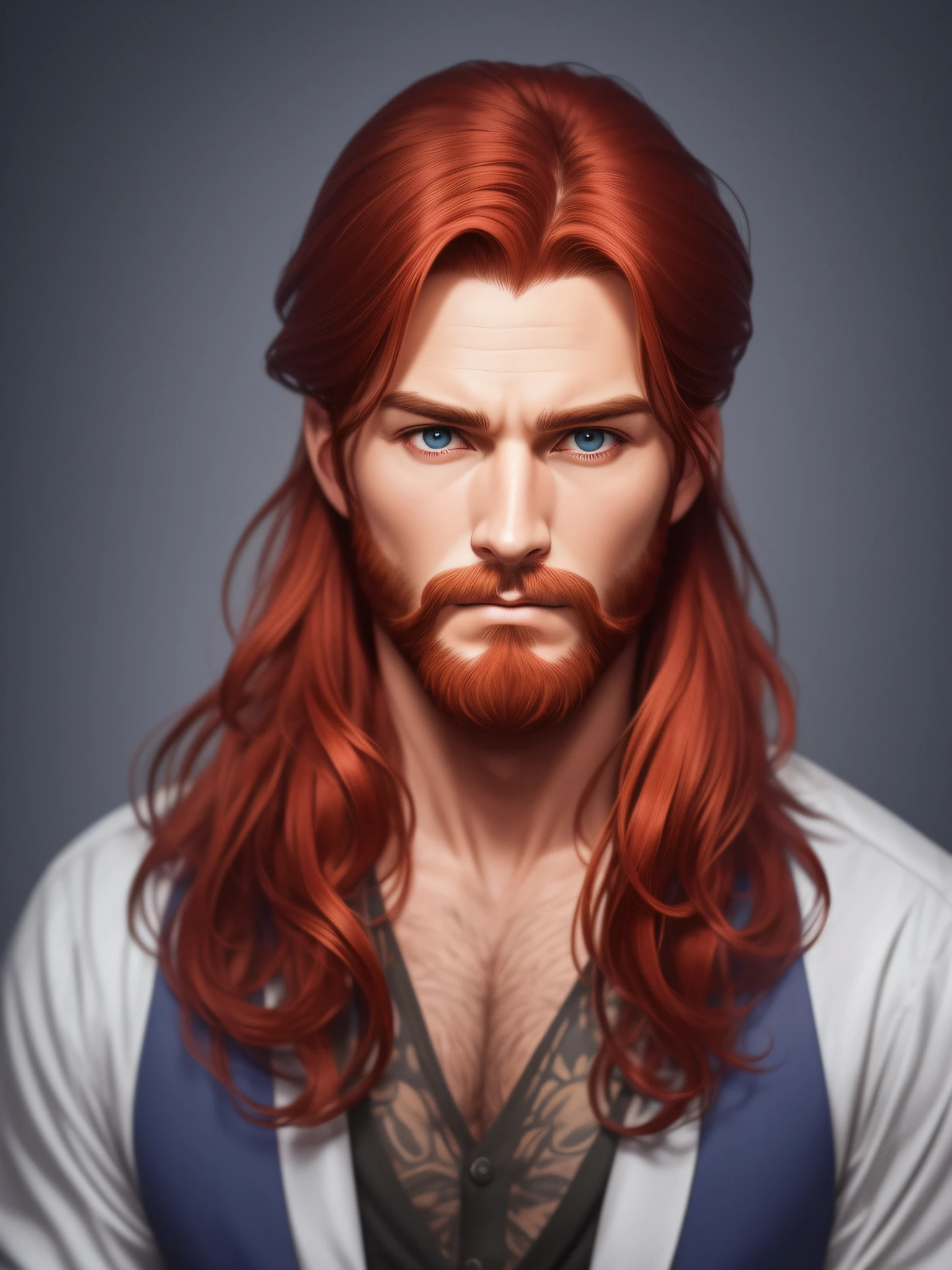 The man described is a 35-year-old adult male, com um rosto quadrado, with a hard expression. Ele tem olhos azuis, Their hair is long and reddish red, which indicates that they have a considerable length and volume and a shade of reddish redhead, His reddish red beard is bulky, which indicates that they have a considerable size and volume and a shade of reddish redhead, The background of the image is very dark blue, realista