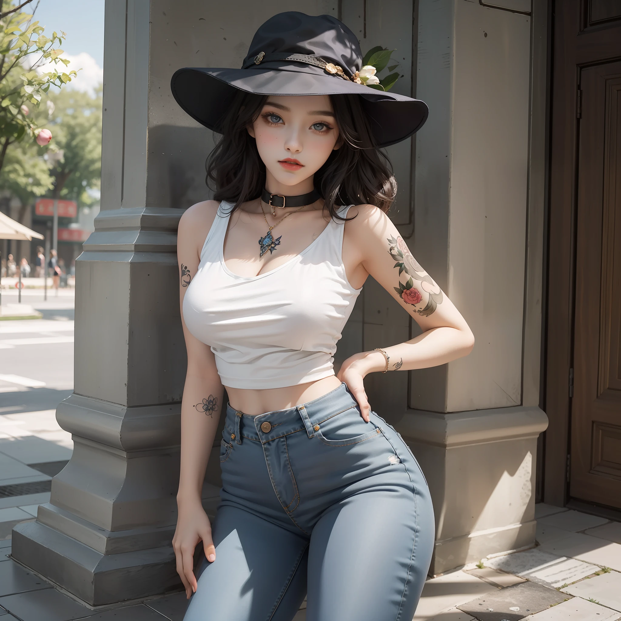 Beautiful girl high school student,With a hat on,The Masterpiece,Light makeup,red-lips,very long flowing hair,Fountain side。super fine details,masterece-piece,Authentic texture,Cinematic lighting realism,perfect works,8K,high-definition,Delicate facial features。Fitted T-shirt,skinny jeans,Pear-shaped body。Rounded buttocks,Slender little man's waist,Sexy,Vest line,fcollarbone,large bright eyes,Smooth skin,eardrop,tattooed,Short cute beautiful legs。Deep in people,Cat cherry lips。Perfect waist-hip ratio。Peerless looks,Beauty in the world,The country is beautiful。