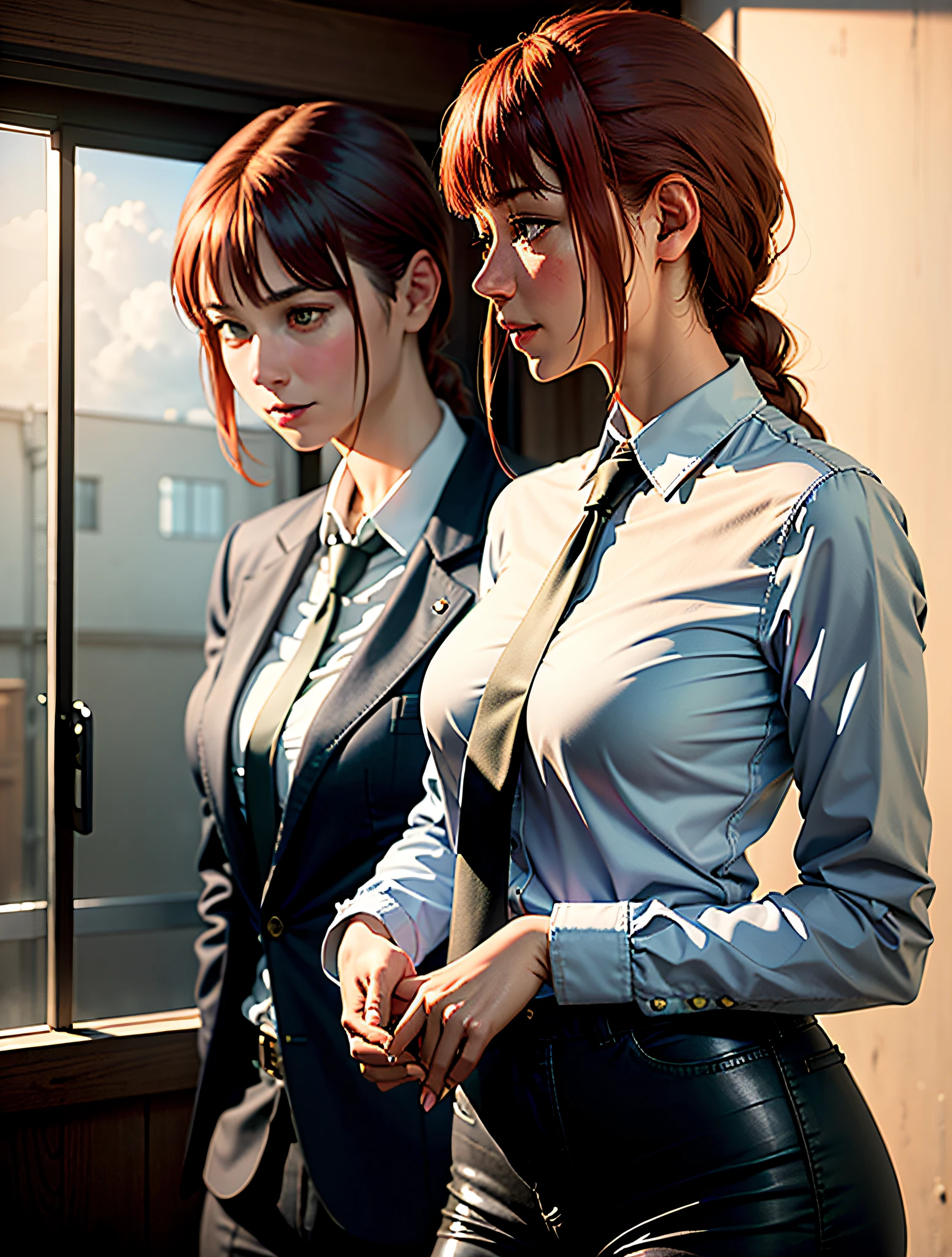 detailed shiny skin, (realistic, photo-realistic:1.4), a pretty girl, standing, looking out of window, white shirt, collared shirt, black necktie, black trousers, long sleeves, slight smile (nose blush), yellow eyes + ringed eyes, short hair + red hair + long braided hair, makima \(chainsaw man\)