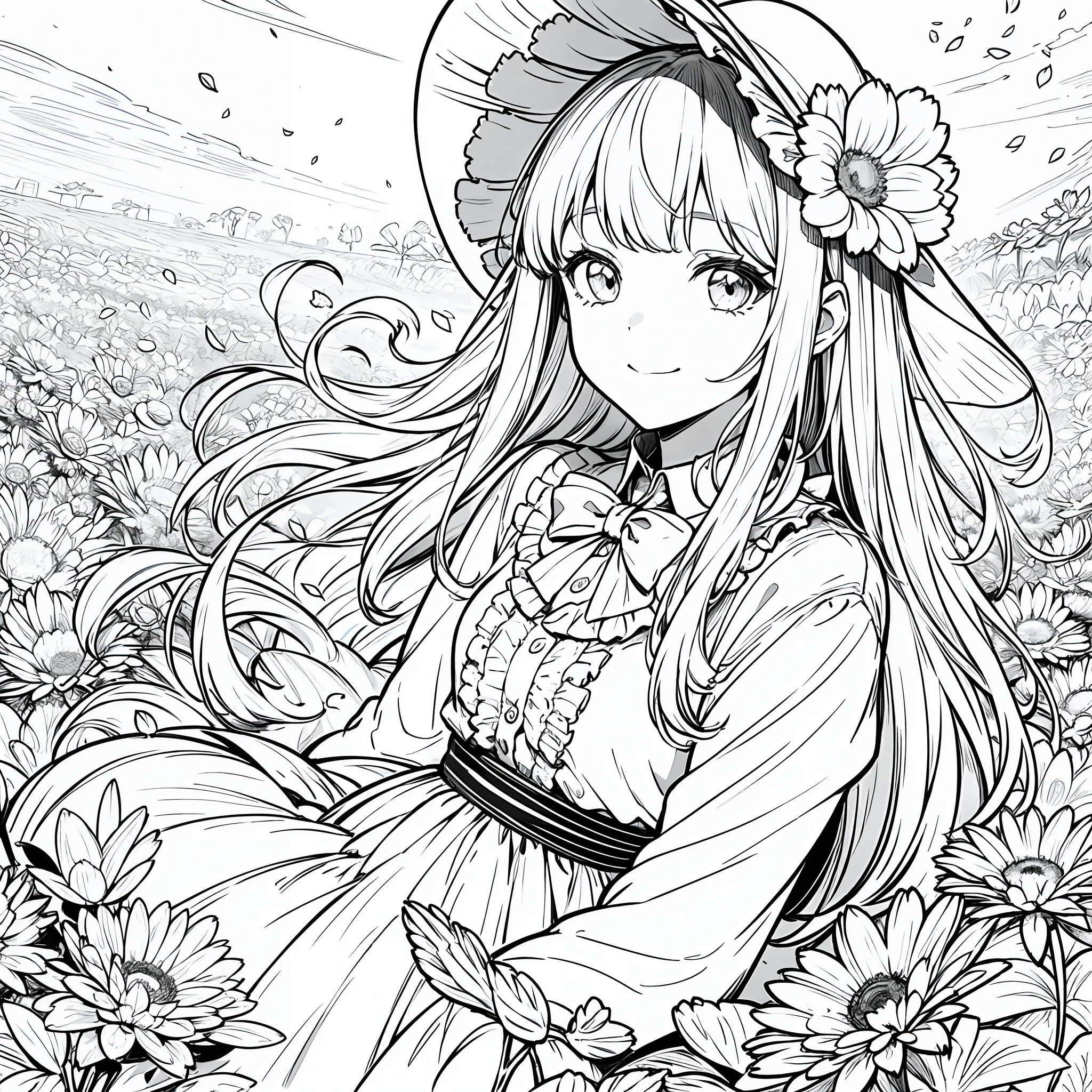 masterpiece, best quality, 1girl, solo, long_hair, looking_at_viewer, smile, bangs, skirt, shirt, long_sleeves, hat, dress, bow, holding, closed_mouth, flower, frills, hair_flower, petals, bouquet, holding_flower, center_frills, bonnet, holding_bouquet, flower field, flower field, lineart, monochrome,