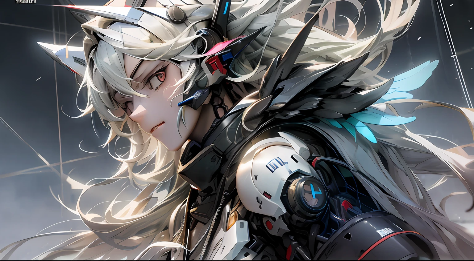 1girls, Electronic blue color, Wolf ears、 whited , color pastel、Bright atmosphere、Machine Man、White hair、Futuristic atmosphere、Despressing、White eyes、Longhaire、Exposed、the body is connected by a cable、Slender body, Upper body, headgear, machine wings, the universe, The god Machines,The god Shikai、Huge machine、Jetwing