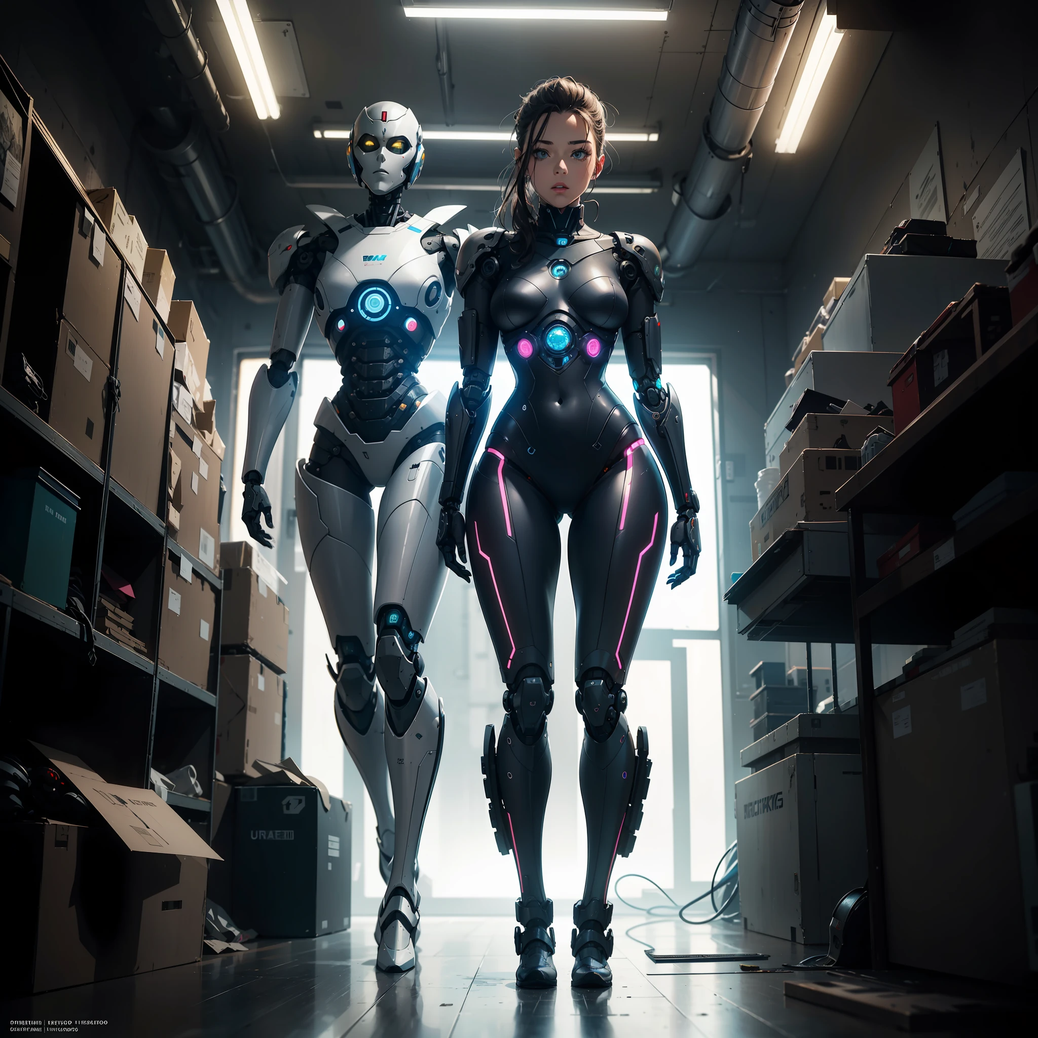 full body showing，OriginalPhotographs，ultra realistis，（The Masterpiece，8K  UHD，hdr，Extremely-Detailed，complicated detail，best qulaity，proffesional，Dark colors），in cyberpunk style，Female robot robot，Lie on a mechanical platform，A boy is assembling it，Next to it are all kinds of prosthetics，