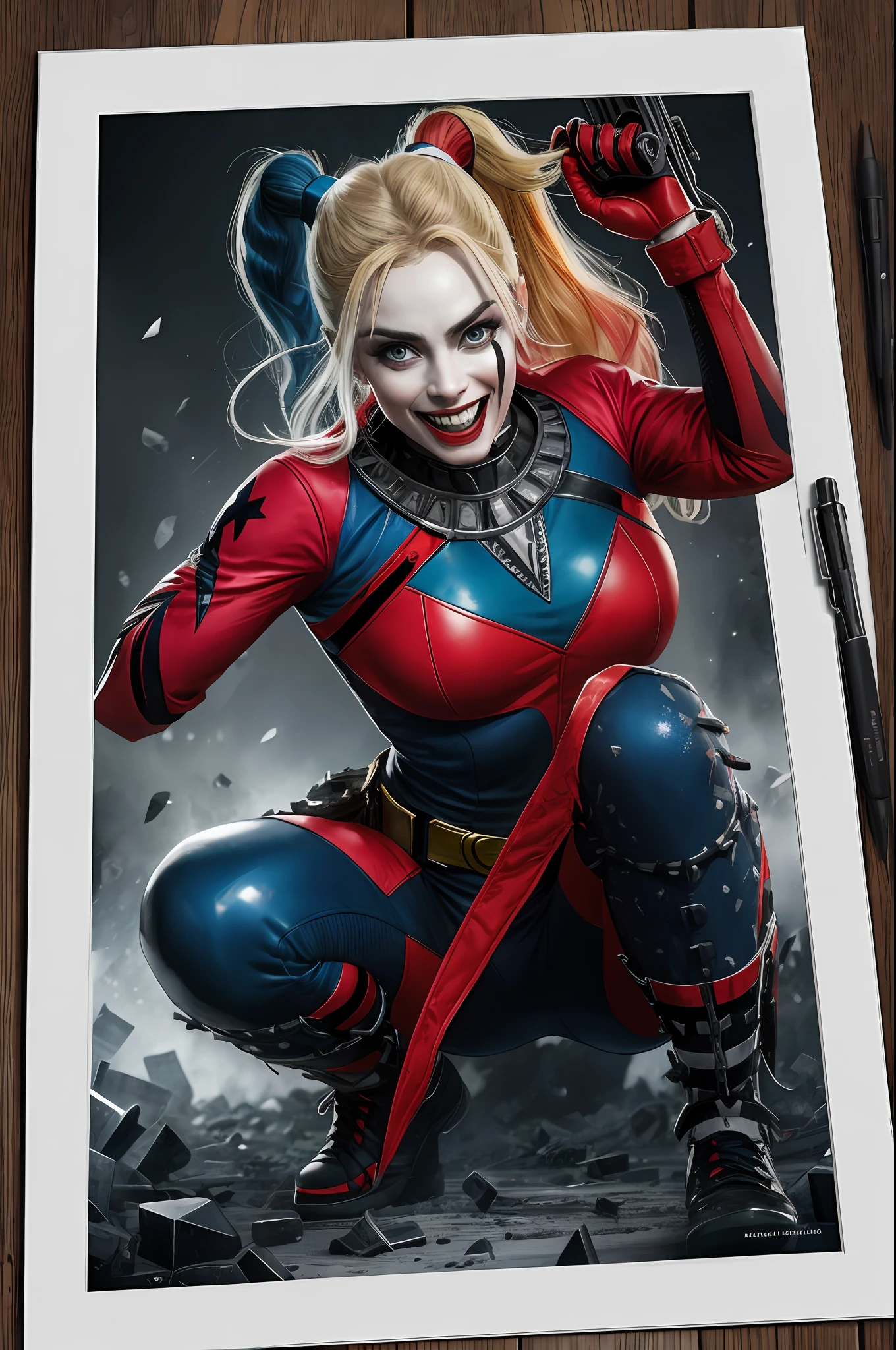 (16k, foto RAW, melhor qualidade, obra-prima: 1.2), ultra-detalhado, arte formal, foto realismo: 1.37, foto de meio corpo ,(Harley quinn), (mulher, beleza ,( taco de baseball ) lugar em batalha,sorridente film grain, villain action pose ((spawn))detalhes