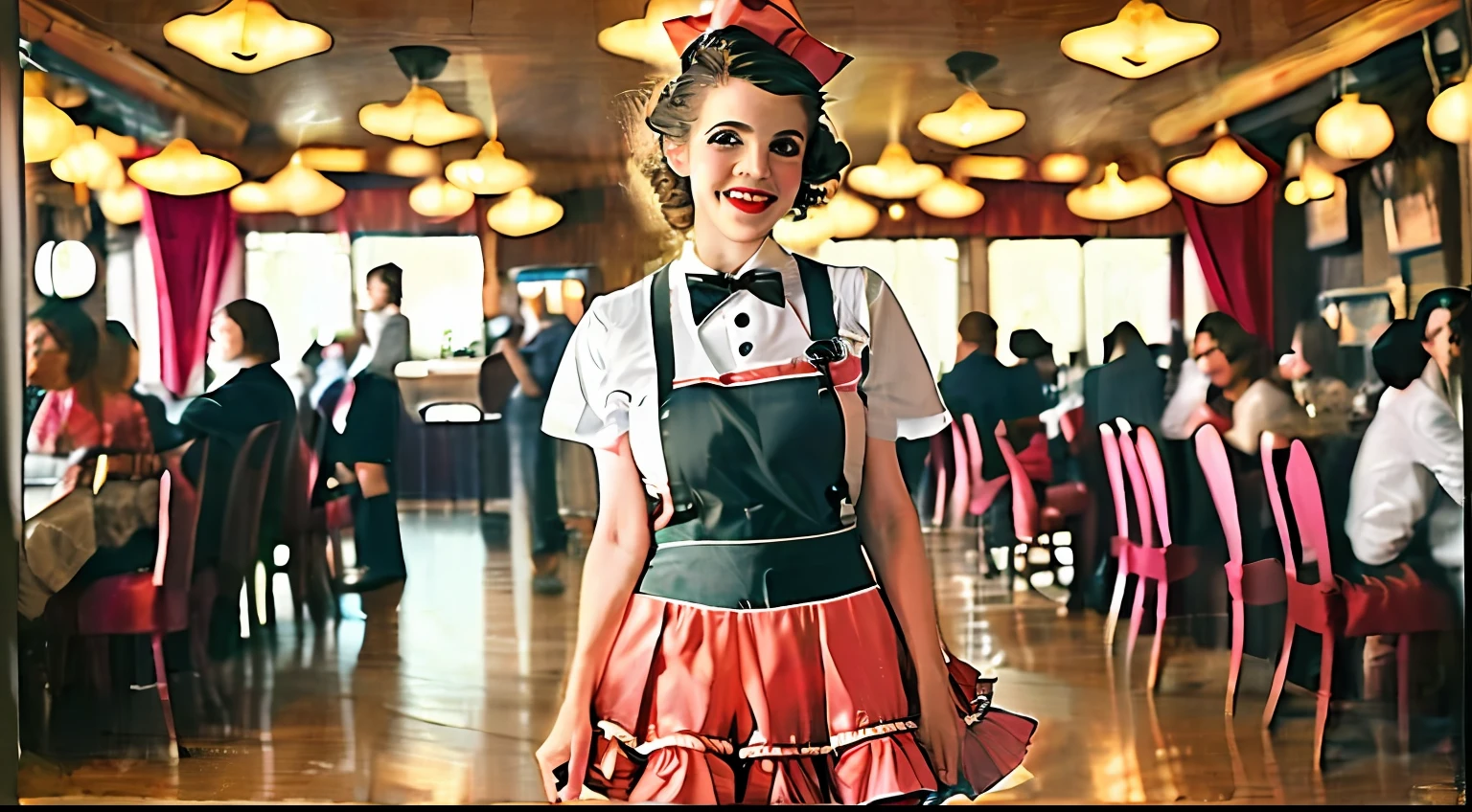Pinup americana dos anos 80, estilo de arte, kodak portra 400, cinematográfica, a waitress only wears an apron, solo, (sorrindo: 0.6), Extra Short Pettiskirt, suspenders, decote, europeu,