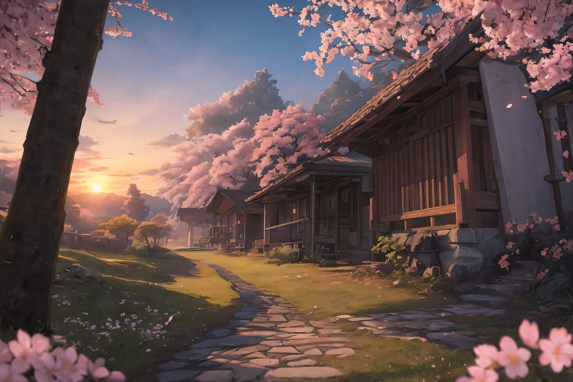 (masterpiece, best quality:1.2), ultra detailed, cinematic lighting, HDR, ilustration, landsape, sunrise, cherry blossom, impressive, chill, inspirational,