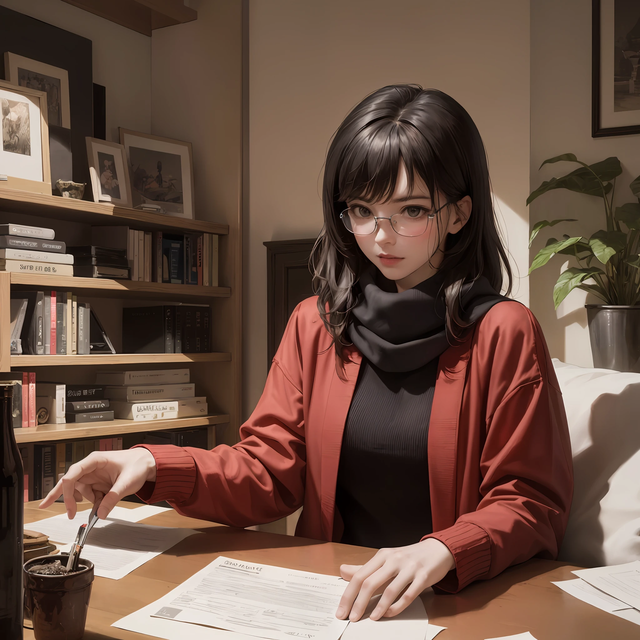 obra-prima, melhor qualidade, highres, absurdres, ultra-detalhado:1.3), 1girl, solo, (lucca, cabelo vermelho, cabelo medios, eyewear, black scarf, colete), (dentro de casa, sentado, escrevendo, livros, biblioteca, olhando para longe), toriyama akira, (messy room, papel, plantas) --auto