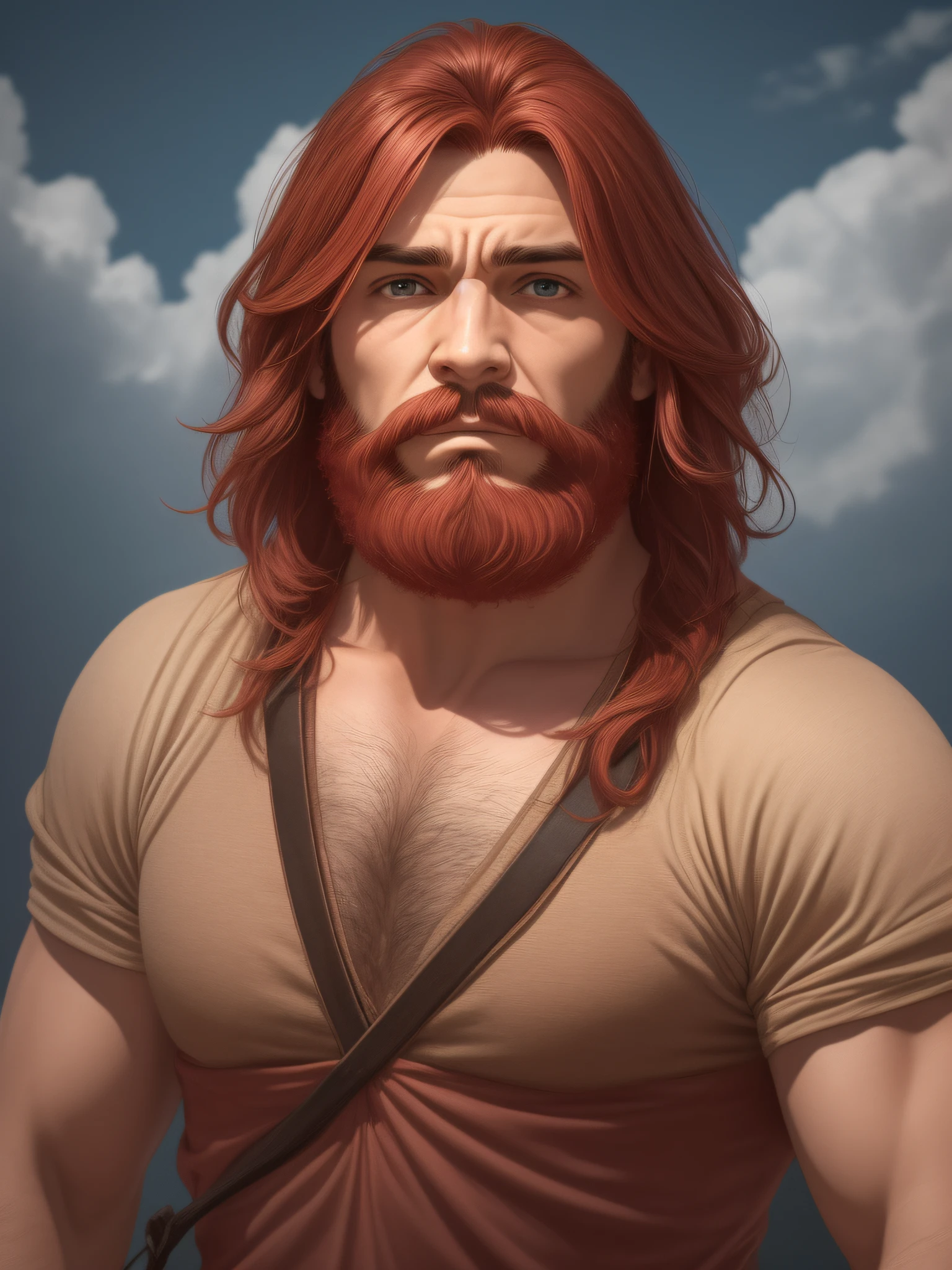 The man described is a 35-year-old adult male, com um rosto quadrado, with a hard expression. Ele tem olhos azuis, Her hair is long, volumosos e ruivos avermelhados, which indicates that they have a considerable length and volume and a shade of reddish redhead, His reddish red beard is large and bulky, which indicates that they have a considerable size and volume and a shade of reddish redhead, The background of the image is very dark blue, realista