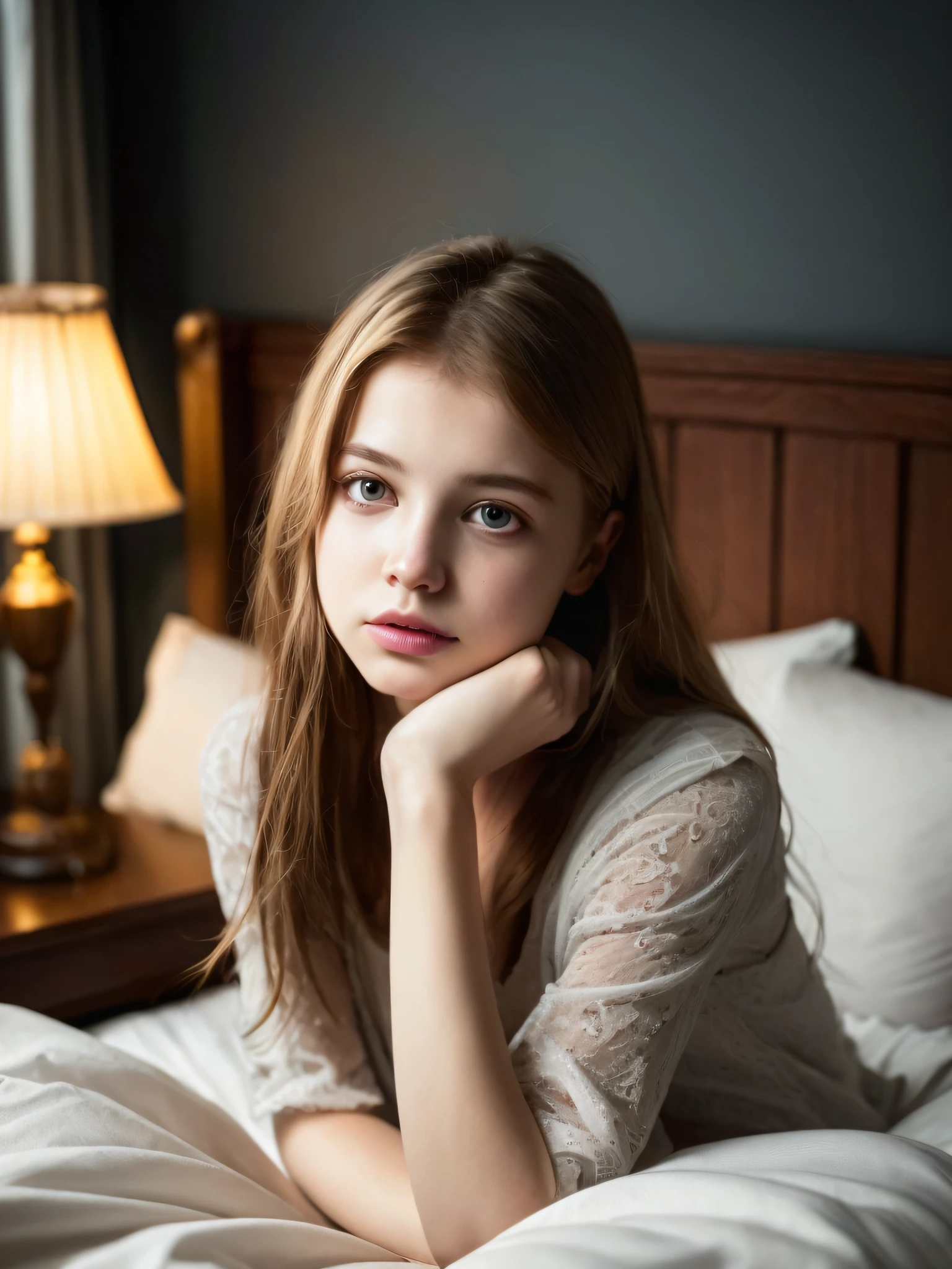 Portrait of an 18 year old cute beautiful perfect face petit teen, she is happy, very beautiful Russian, raw, in bed, (dark private study, dark and moody light: 1.2)