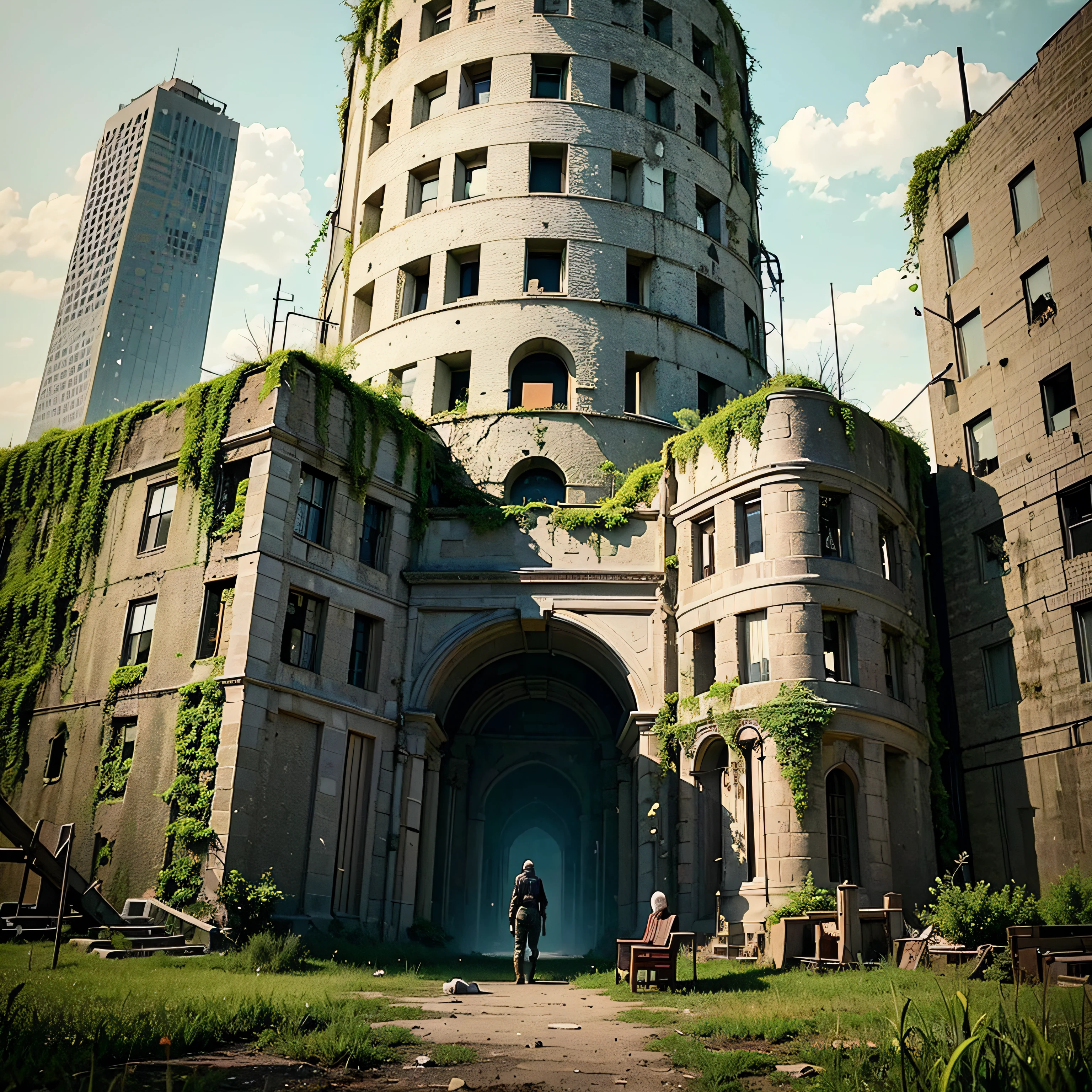 a 60 year old mother looking at her 30 year old daughter in a post apocolyptic overgrown castel, golden hour, the daughter is crying, cinematic, photorealistic --auto