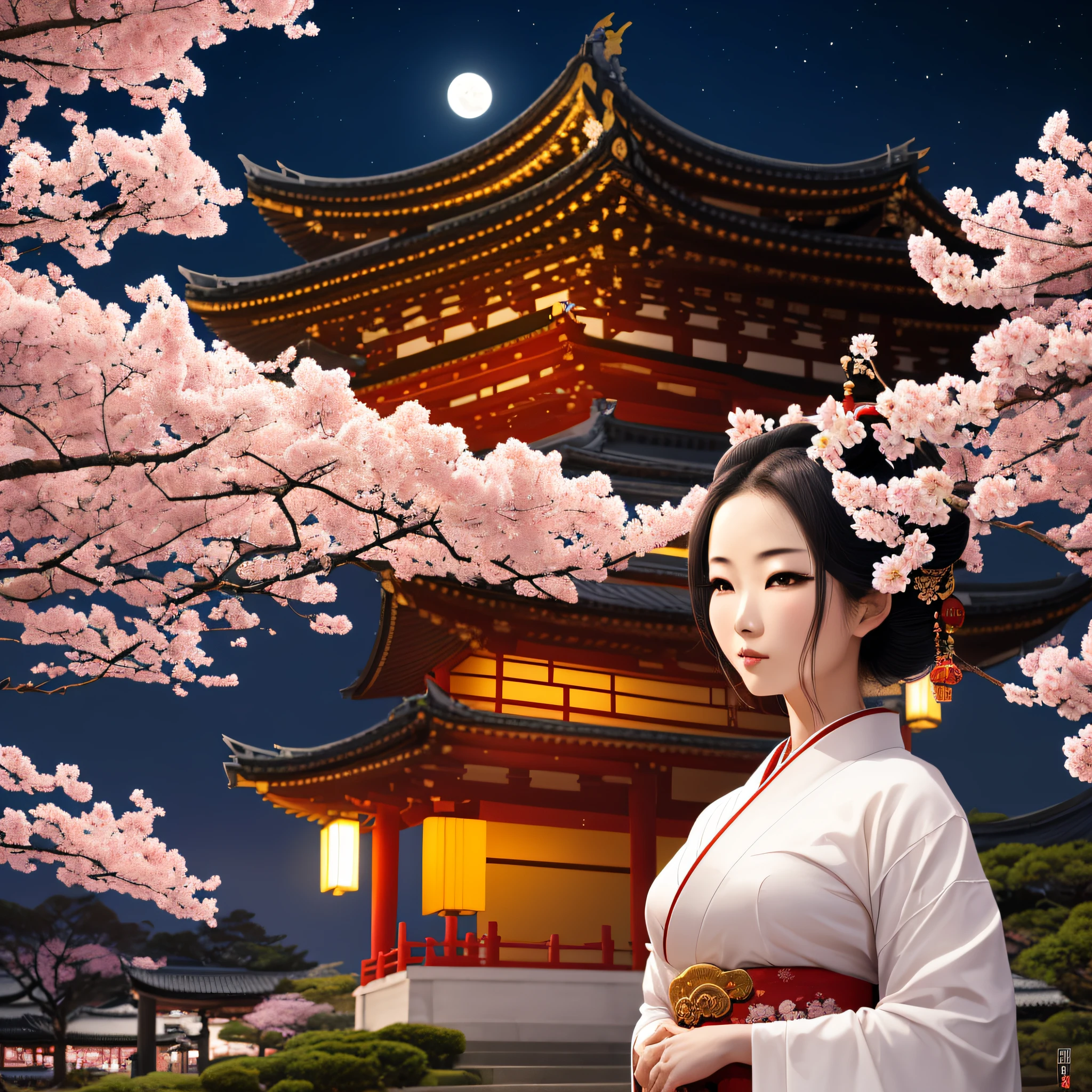 (moonlit scene with a gorgeous geisha and large breasts standing in front of a temple with sakura blossoms, set against the night, emphasizing the mysterious yet seductive atmosphere, with one eye in one color and another in another color, with a slightly increased field of view to allow full view of the subject) --auto
