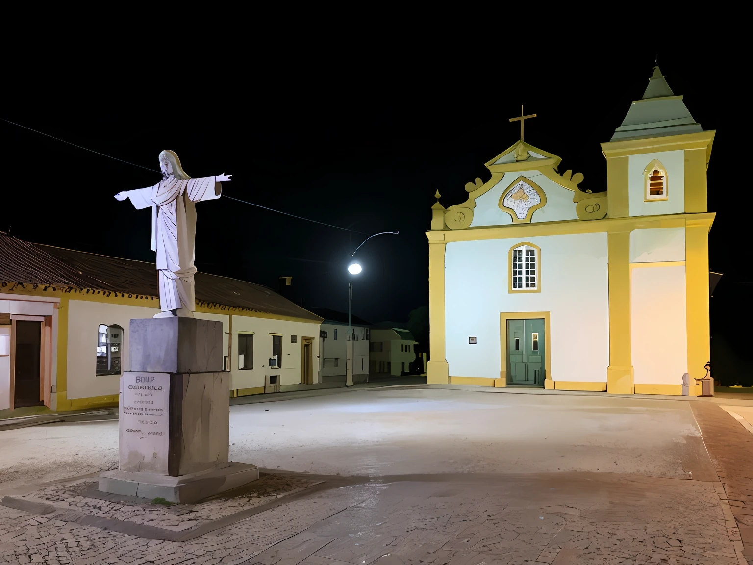 There is a statue of Jesus in front of a church in the form of a drawing, photo taken at night, by night, igreja no fundo, taken in the night, bispo do rosario, Beautiful image, by night, nigth, town square, vista externa, Malika Favre, Directed by: CeFerí Olivé, Directed by: Joseph Pisani, mosteiro, Durante a noite --auto