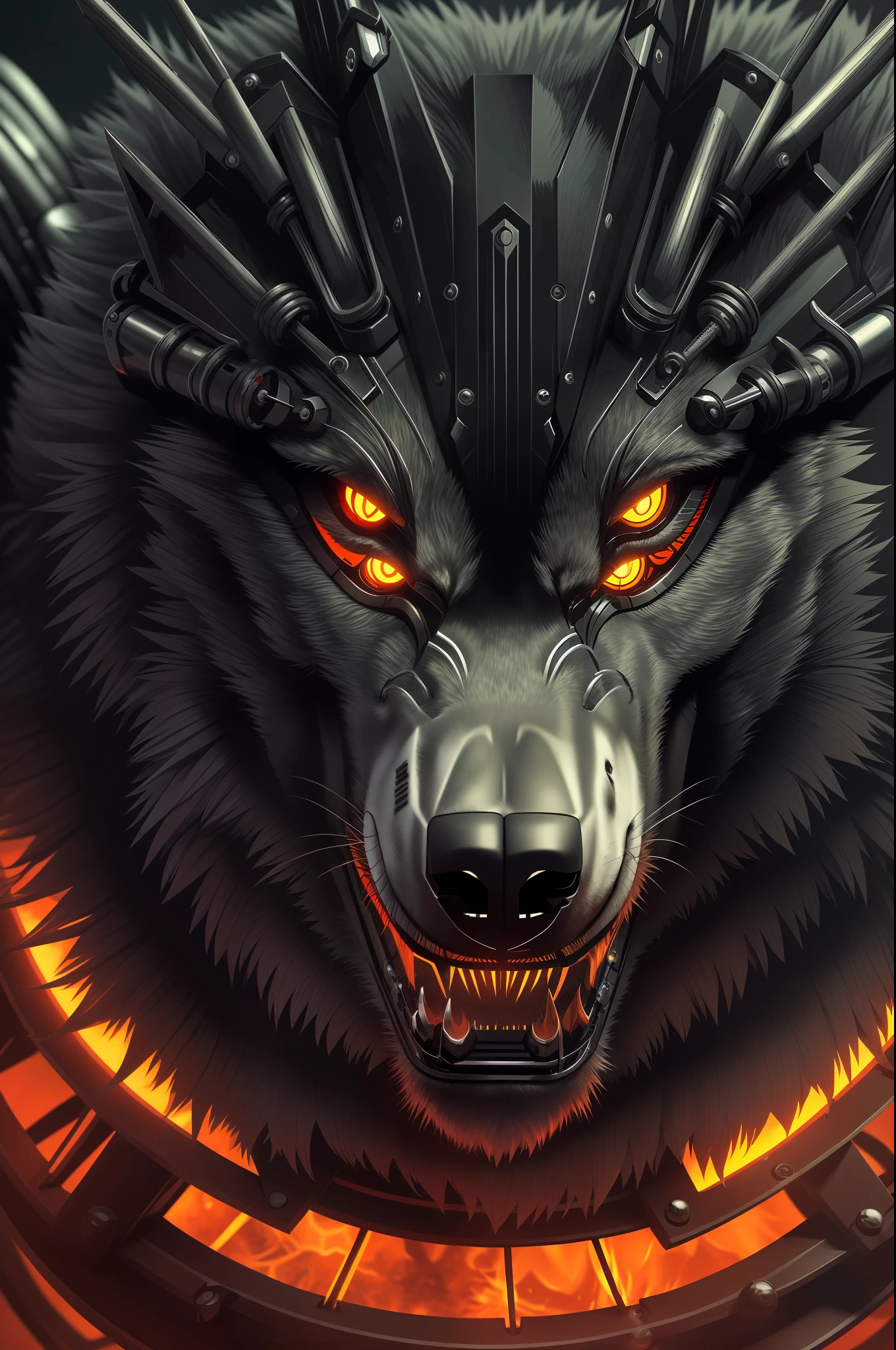 (robotic werewolf with red eyes),metallic textures,dramatic lighting,monochromatic color scheme,detailed and intricate wires and mechanisms, close-up shot,fierce and intimidating appearance --auto