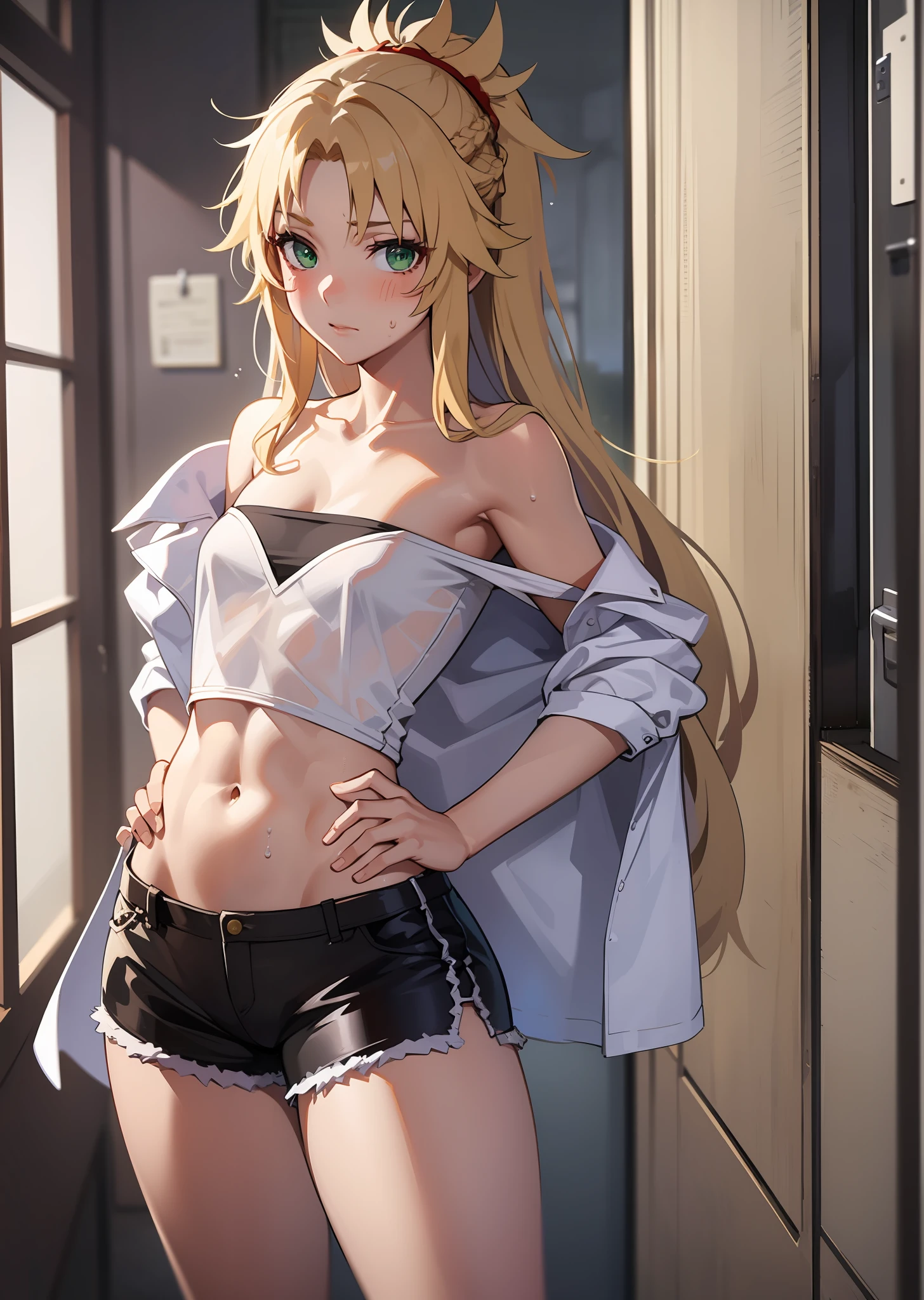 Beautiful, Masterpiece, Best Quality, extremely detailed face, Perfect lighting, mordred \(fate\), a 1girl, 独奏, blondehair, Green eyes, braid, Worth, black shorts, Blush, collarbone, crop top, looking  at viewer, Belly Button, abs, little chest, red shirt, Shirt, hands on hips, white bandeau, Short shorts, wide thighs, ass, sweat, erotica