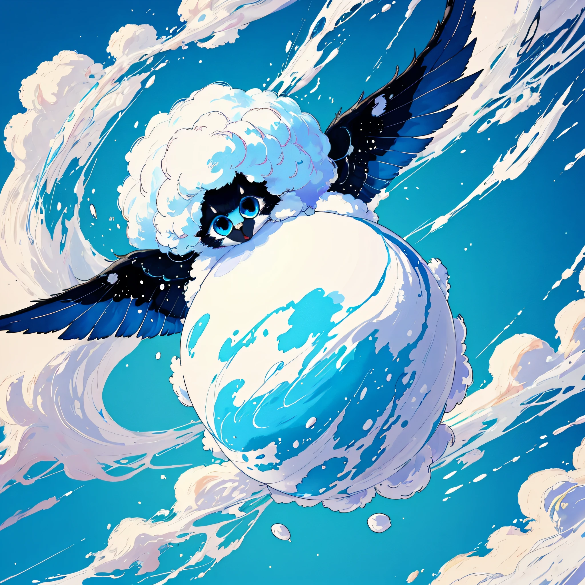 Fluffy cute ball that is a cloud, white-blue fluff, wise deep blue eyes, wings made of puffy clouds, the sky splattered around them, masterpiece, best quality, ((In Splatter Art style))