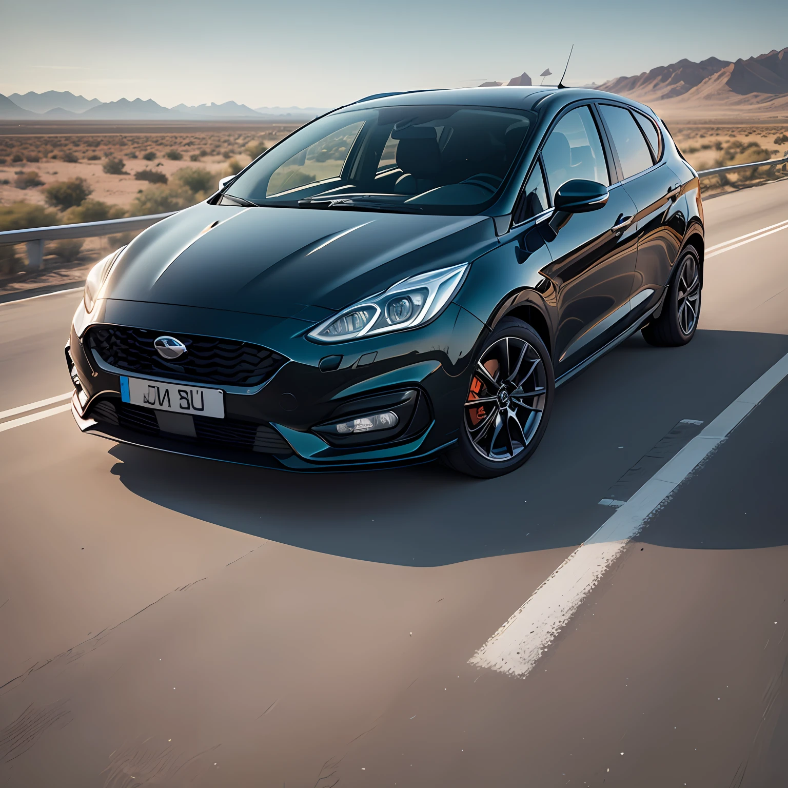 carro new fiesta hathc, na cor preto, vidro fume, pneus aro 18, arrebaixado, com o fundo futuristico, neon,4k --auto