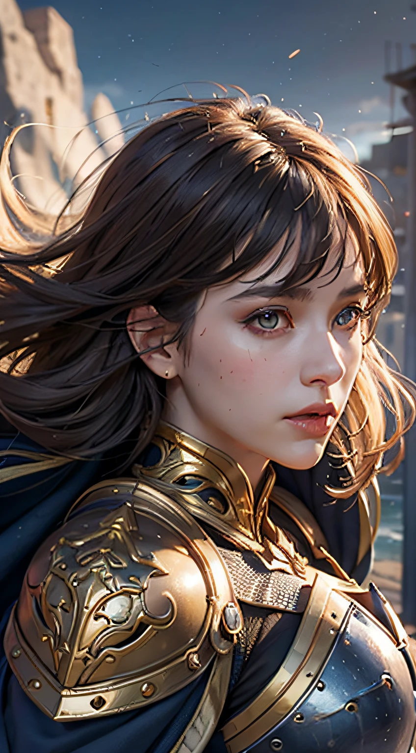 8k,ultra detailed, masterpiece, best quality, (extremely detailed), dynamic angle, Mysterious expression, wind effect, fantasy background, rim lighting, cinematic light, ultra high res, 8k uhd, film grain,best shadow, delicate, RAW, light particles, detailed skin texture, detailed armor texture, detailed face, intricate details, ultra detailed, bright, strong, golden armor, (holding hammer), smashing, smash action, pauldrons, glowing eyes, long cape, fantasy, (realistic), shoulder armor, complex, intricate, perfect lighting, looking at viewer, cinematic lighting, flying in sky,flying, holy light, vivid, bangs, windy