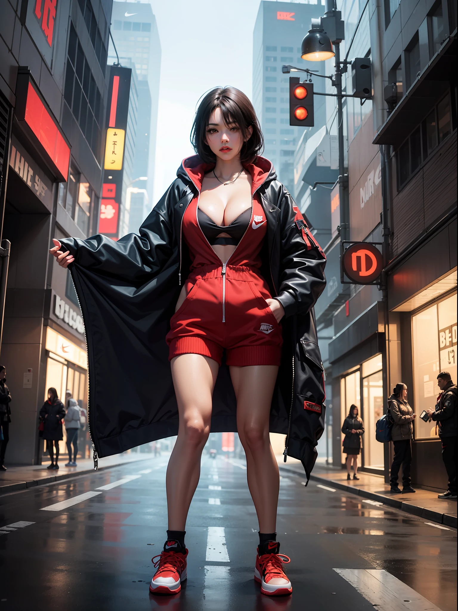 a Latina athletic body, attractive female, hacker, wearing a hoodie, cleavage,  bustiness, nike dunk shoes, standing in a futuristic street with a cyberpunk city background, full body image, front-facing looking at camera