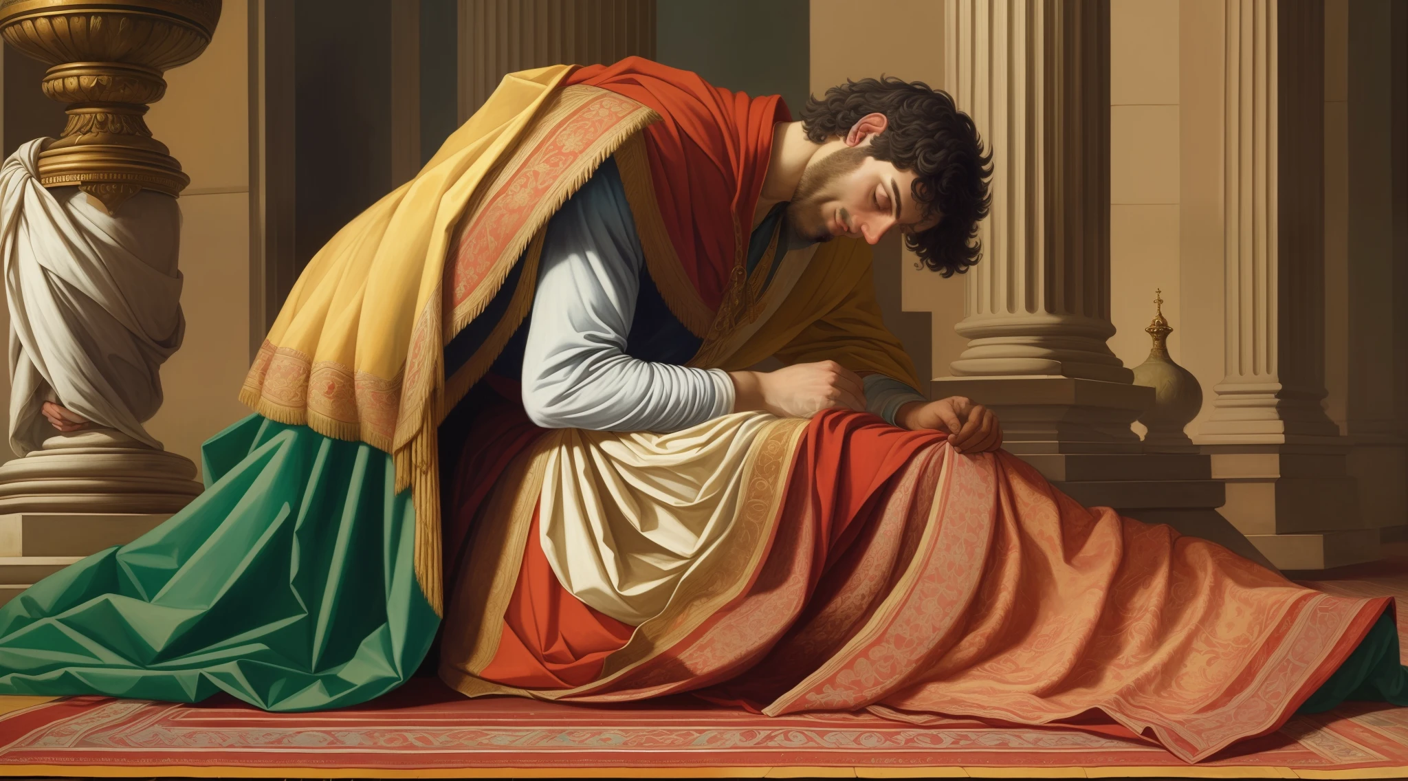 uma pintura de um homem sentado em um tapete Com um Cobertor, kneeling in prayer, Directed by: Giambattista Pittoni, Directed by: Abraham van den Tempel, inspired by Nicomachus of Thebes, Directed by: Giorgio De VinCenzi, artista desConheCido, detailed baroque oil painting, sebastian pether, C. r. SteCyk III, Ajoelhado