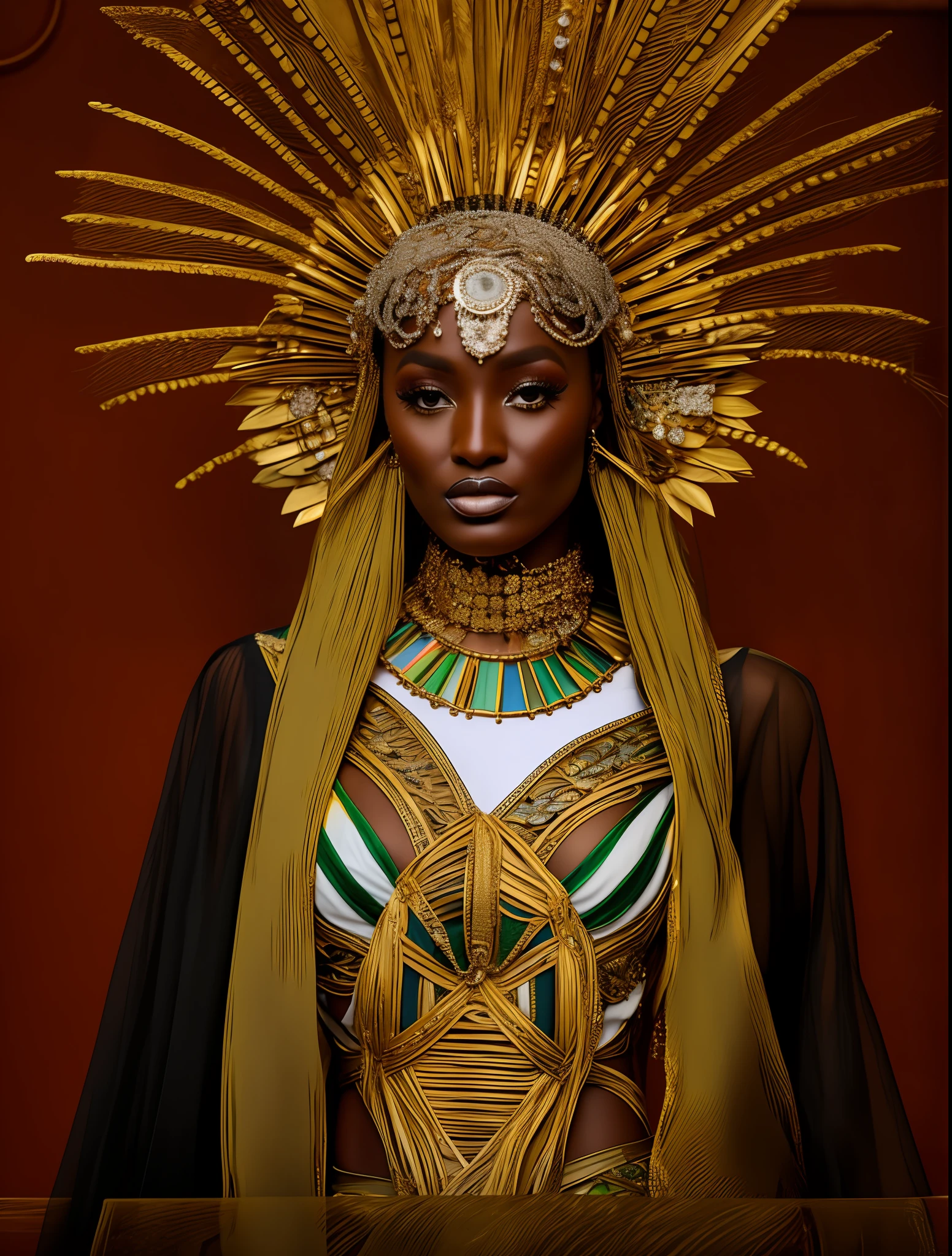 a close up of a woman with a very elaborate headpiece on, Jean Paulo Gaultier, pele escura deusa feminina do amor, estilo afrofuturismo, pat mcgrath, Trump Akech, Grace Jones Fashion, cocar de ouro intrincado, Cocar de bronze, Princesa africana deslumbrante, em um estilo tribal espetado, mistura entre tribal e hi-tech, Alta Costura Negra