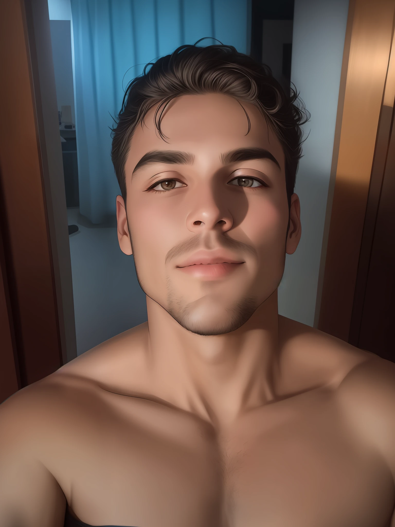 arafed man with a shirt on looking at the camera, chest and face, Fotografia selfie 8k, rosto suado, selfie de um homem, pele suada!!, suado 4 k, rosto masculino bonito, Homem magro com pele bronzeada clara, rosto bonito perfeito, bonito rosto detalhado, sexy look at the camera, foto retrato suave 8 k, pele suada escorrendo pelo rosto
