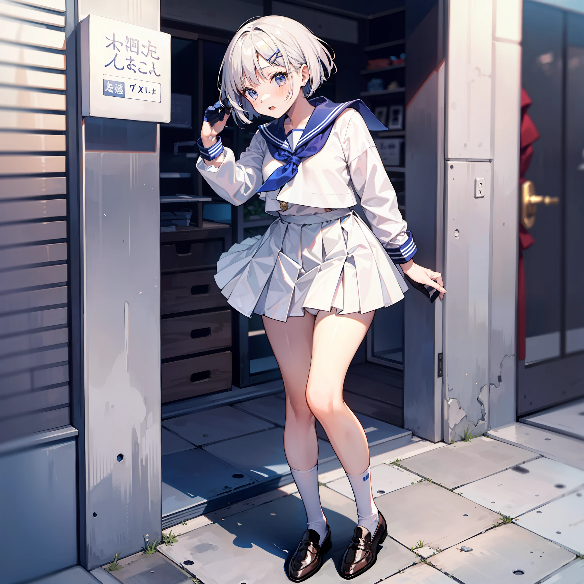 two girl　Longhaire、Short Bob Sailor Suit、Half-sleeved、skirts、loafers、Winds blowing up、White panties、Thimble gloves、Skirt to roll up、Panchira、Shibuya