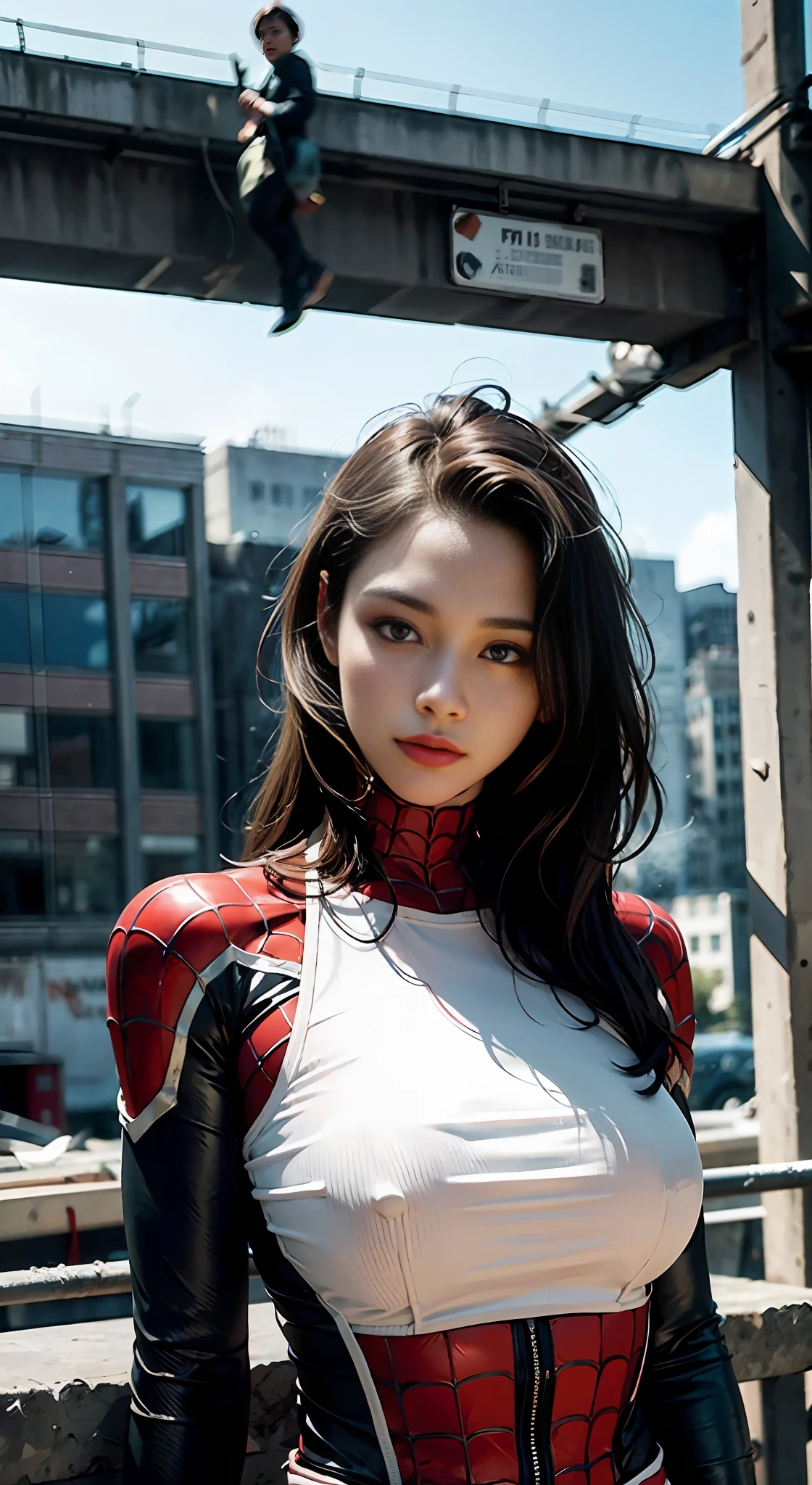 (1girl:1.3), solo, __body-parts__, official art, unified 8k wallpaper, super detailed, beautiful and aesthetic, beautiful, masterpiece, best quality, raw, masterpiece, super fine photo, best quality, super high resolution, photorealistic realism, sunlight, full body portrait, amazing beauty,, dynamic pose, delicate face, vibrant eyes, (from the front), she is wearing a Spider-man suit, red and black color scheme, spider, very detailed abandoned warehouse background, Detailed face, detailed complex busy background, messy, gorgeous, milky white, highly detailed skin, realistic skin details, visible pores, sharp focus, volumetric fog, 8k uhd, DSLR, high quality, film grain, fair skin, photo realism, lomography, huge metropolis in future dystopia, seen from below, translucent