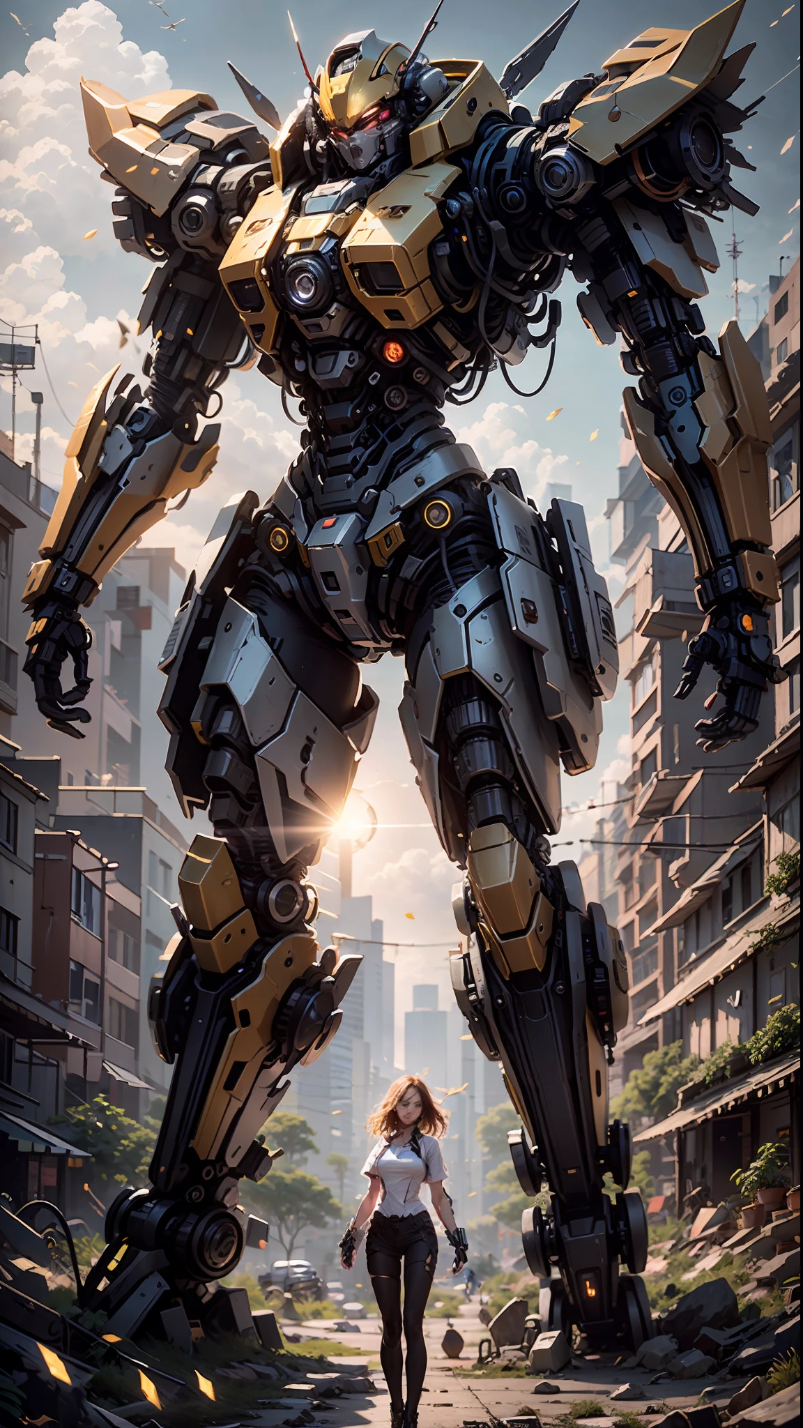 ((Best Quality)), ((Masterpiece)), (Very Detailed:1.3), 3D, Shitu-mecha, Beautiful cyberpunk woman with her pink mech in the ruins of a city in the forgotten war, Ancient technology, HDR (High Dynamic Range), ray tracing, NVIDIA RTX, super resolution, unreal 5, subsurface scattering, PBR texture, post-processing, anisotropic filtering, depth of field, maximum sharpness and sharpness, multi-layer texture, albedo and highlight maps, surface shading, Accurate simulation of light-material interactions, perfect proportions, octane rendering, duotone lighting, low ISO, white balance, rule of thirds, wide aperture, 8K RAW, efficient sub-pixels, subpixel convolution, luminescent particles, light scattering, Tyndall effect