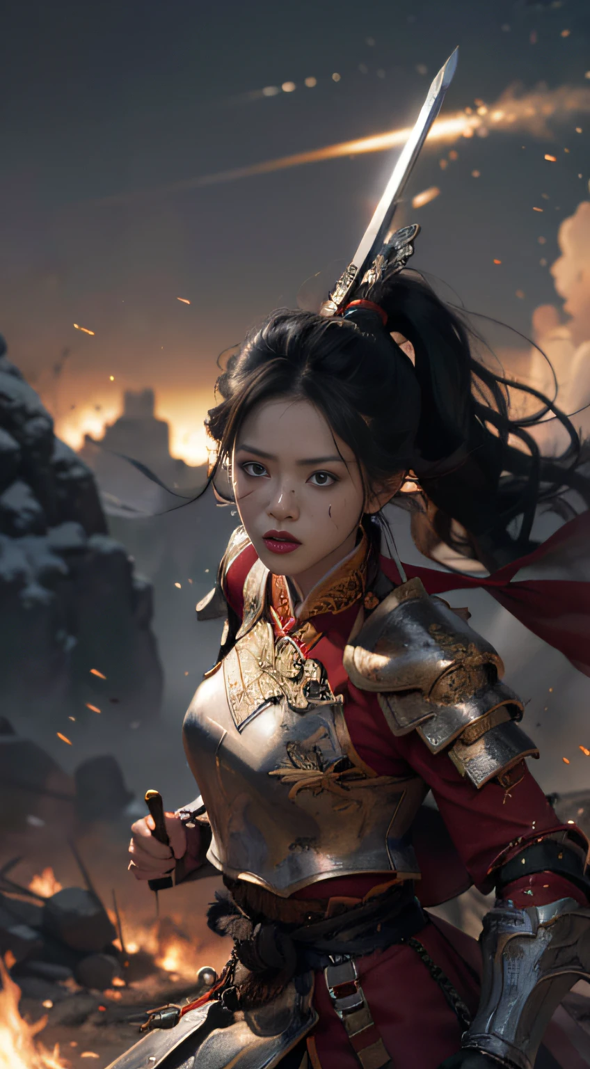 (Positive Focus), (In the Dark: 1), (Best Quality), Movie Poster, Highly Detailed, 8k Wallpaper, Volume Lighting, Dynamic Lighting, A Girl, Long Black Hair, Ponytail, Black Metal Armor, Red Belt, Black Armor, Shoulder Armor, Waist Guard, Hand Guard, Veil, Holding a Long Sword in front of Body, Ancient Chinese Style, Battle Stance, Lots of Blood, Blood Stains on Face, Clothes Damaged, Ancient Chinese Battlefield, Ancient Chinese Soldiers, Arrows Flying, War, Night, Dramatic Composition, Sword qi surrounding, rich picture detail, war, movie lighting,